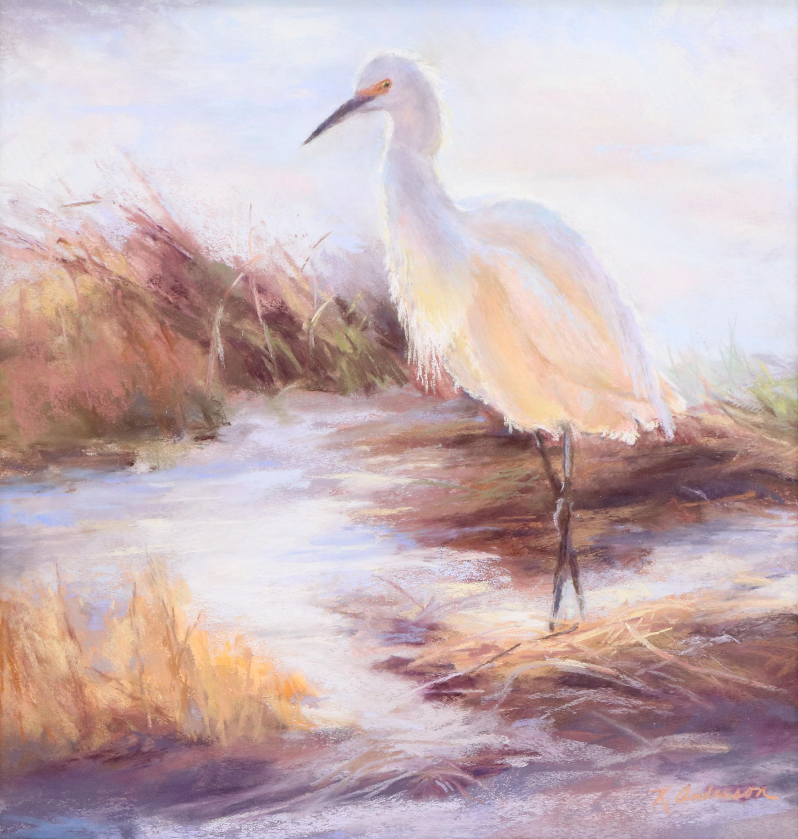 K. Anderson Coastal Scene With Egret Pastel Drawing
