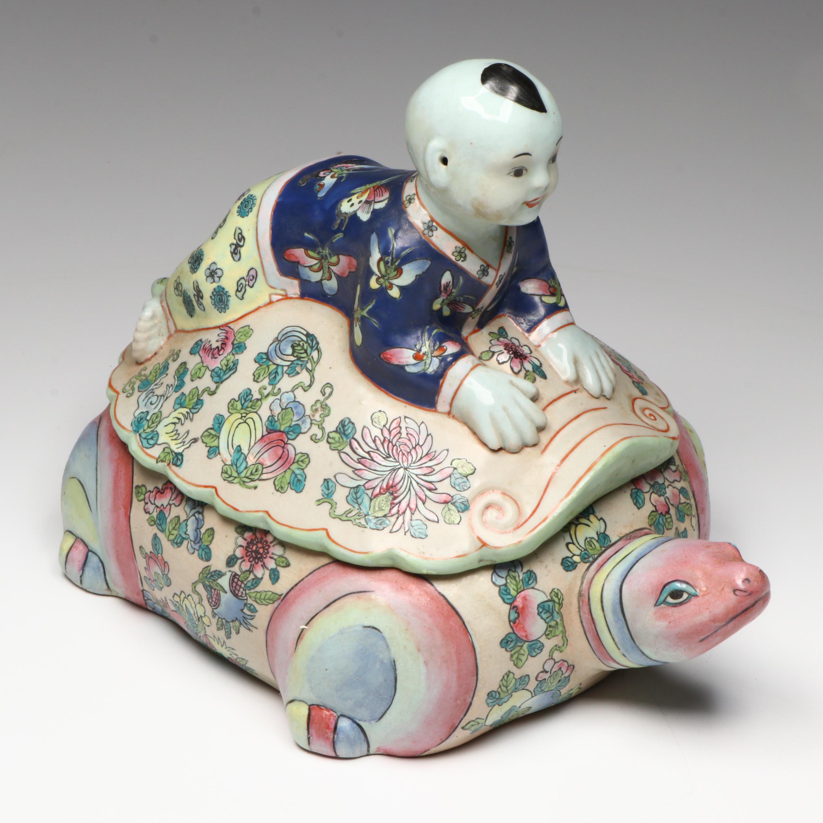 Chinese Famille Rose Boy Riding Sea Turtle Porcelain Lidded Box