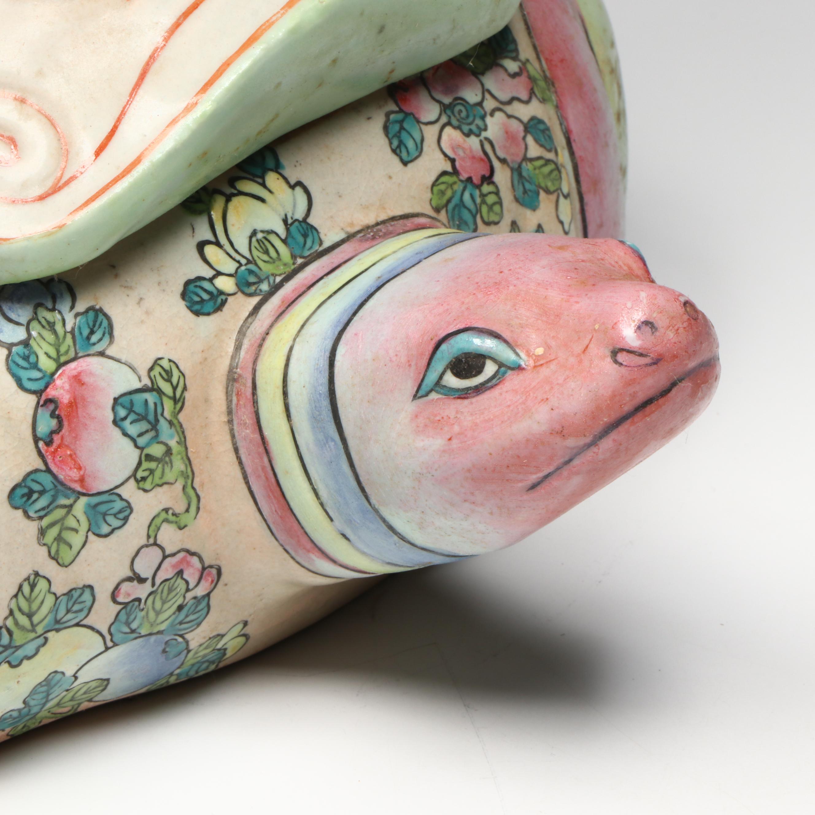 Chinese Famille Rose Boy Riding Sea Turtle Porcelain Lidded Box