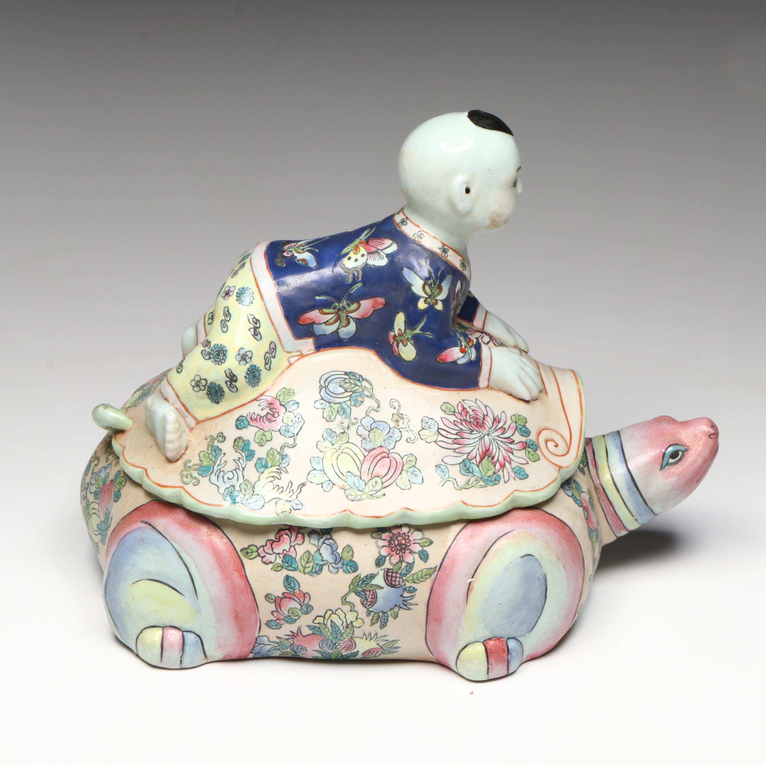 Chinese Famille Rose Boy Riding Sea Turtle Porcelain Lidded Box