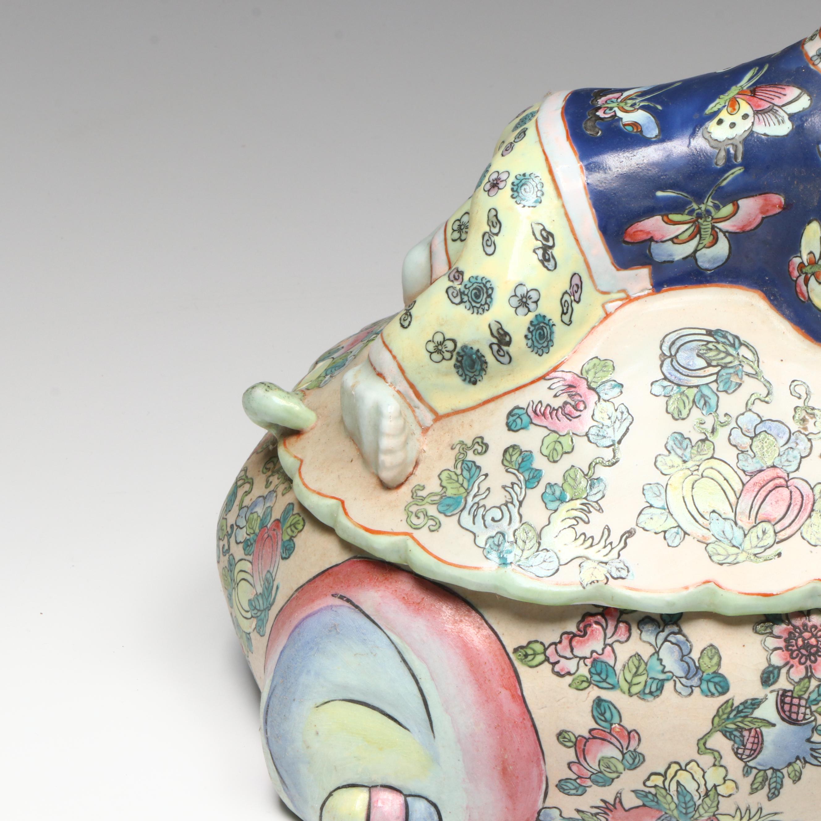 Chinese Famille Rose Boy Riding Sea Turtle Porcelain Lidded Box