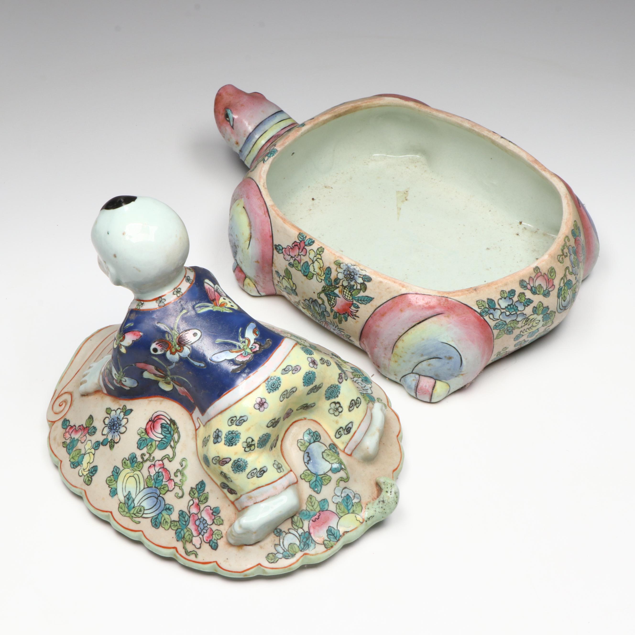 Chinese Famille Rose Boy Riding Sea Turtle Porcelain Lidded Box