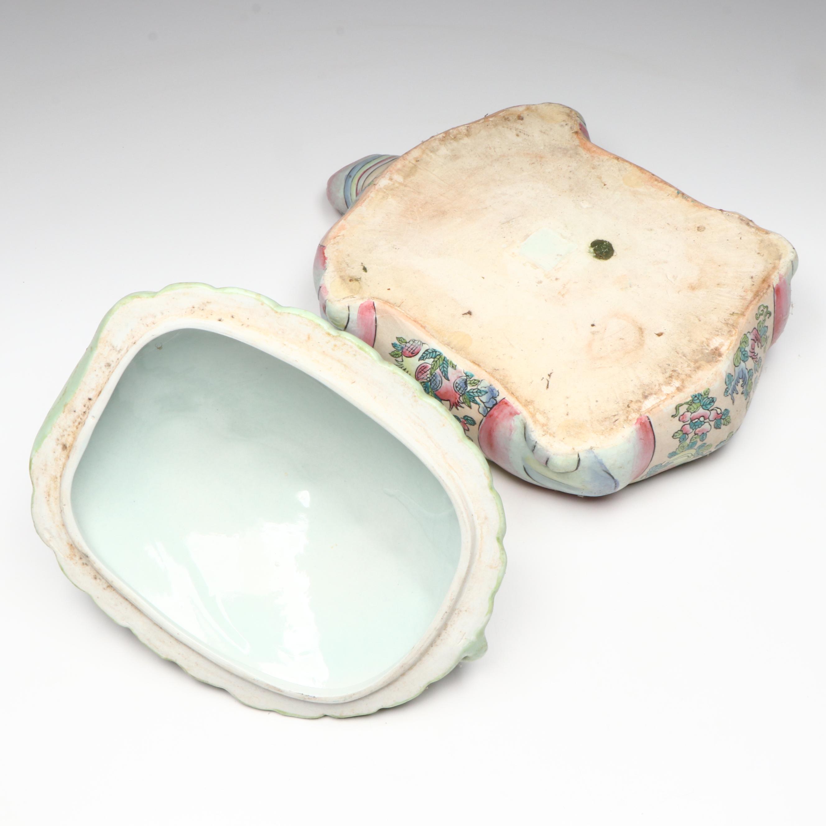 Chinese Famille Rose Boy Riding Sea Turtle Porcelain Lidded Box