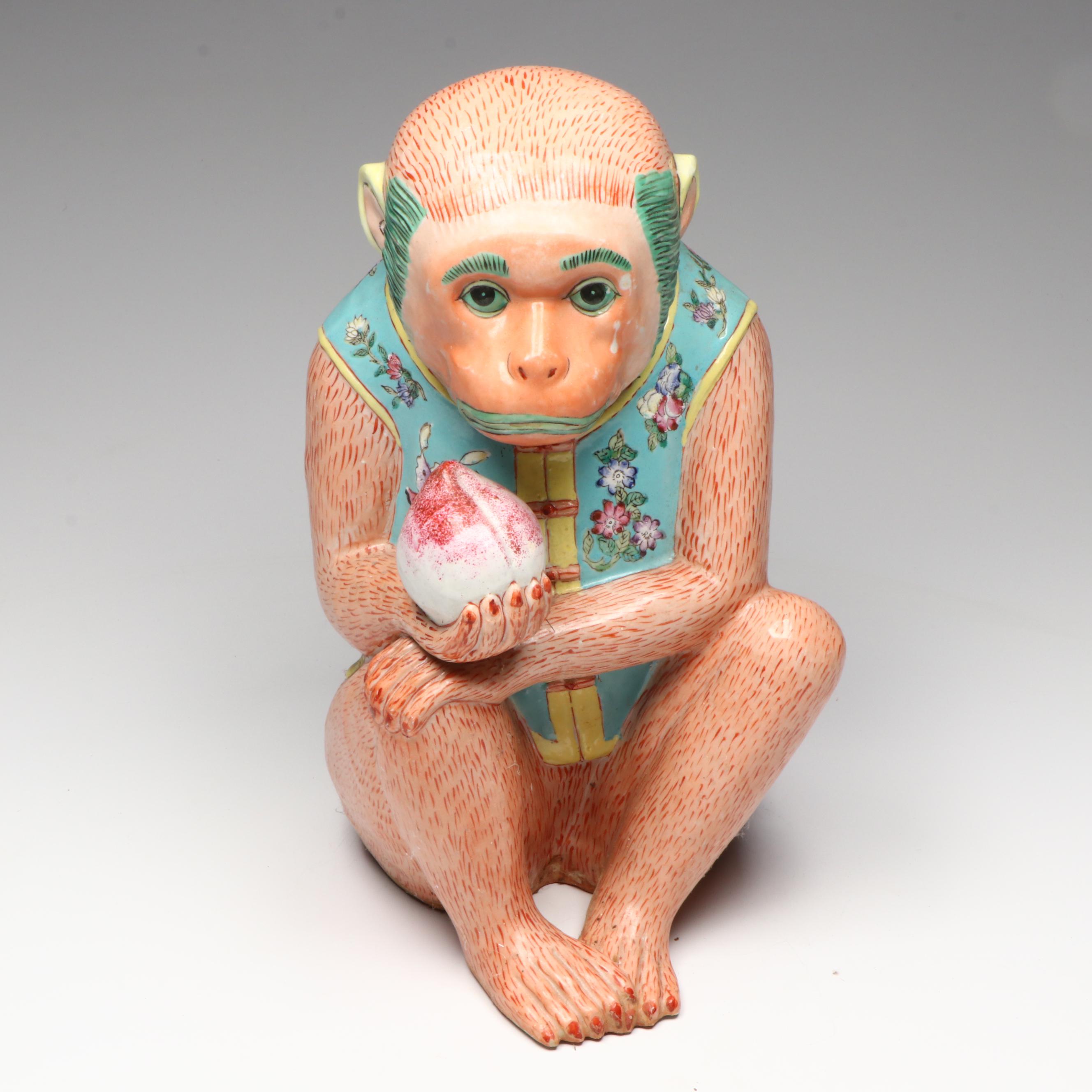 Chinese Famille Rose Monkey Holding Peach Porcelain Figure