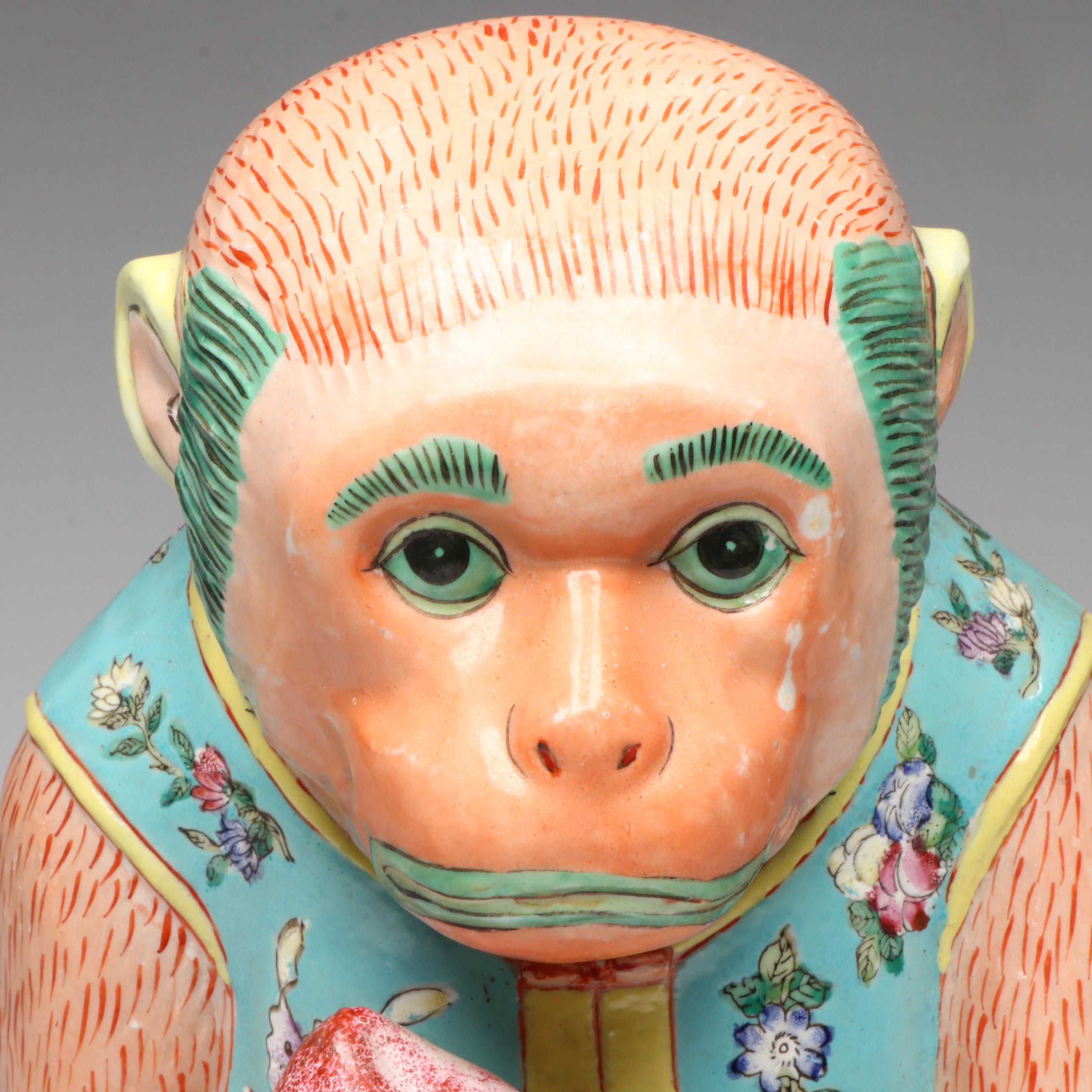 Chinese Famille Rose Monkey Holding Peach Porcelain Figure