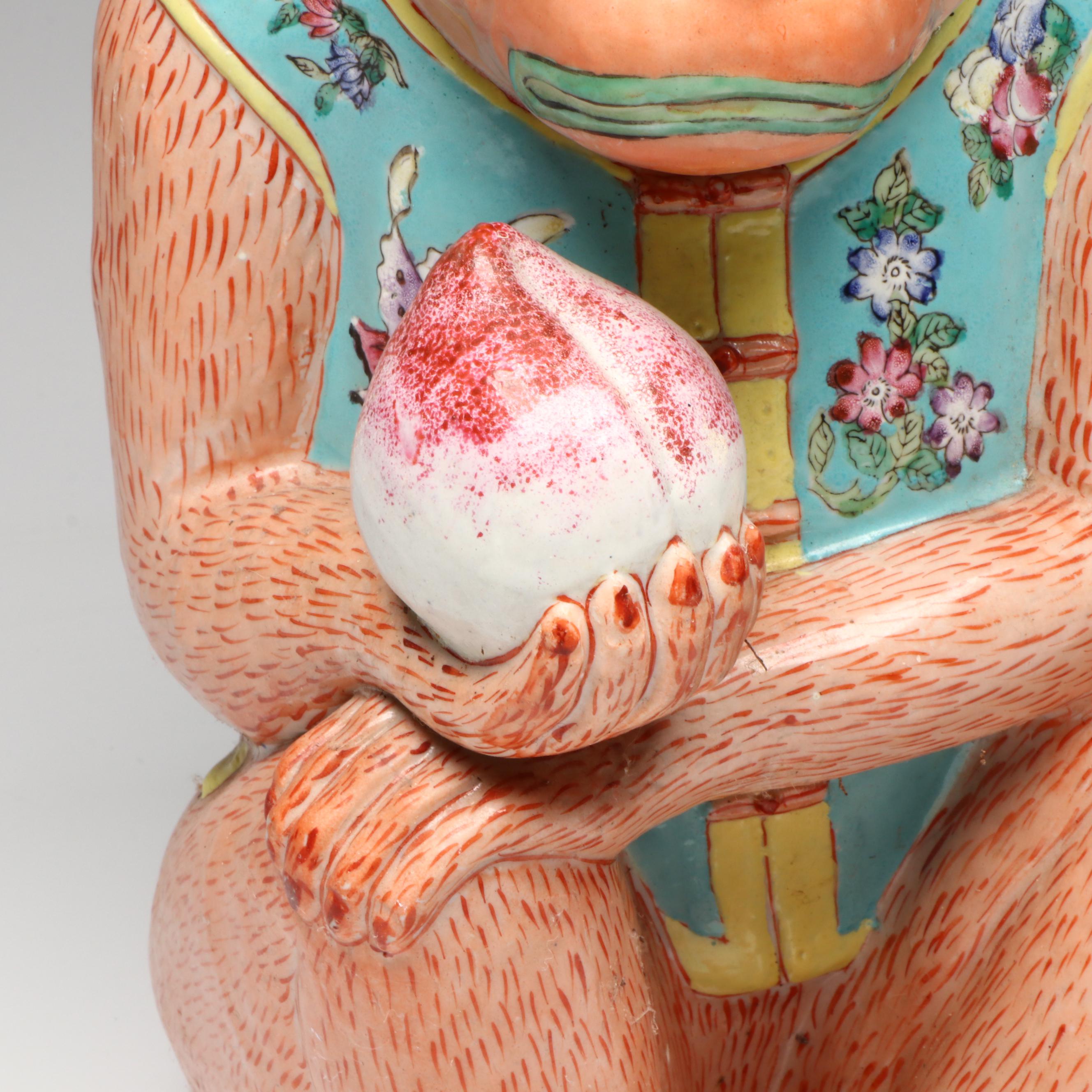 Chinese Famille Rose Monkey Holding Peach Porcelain Figure