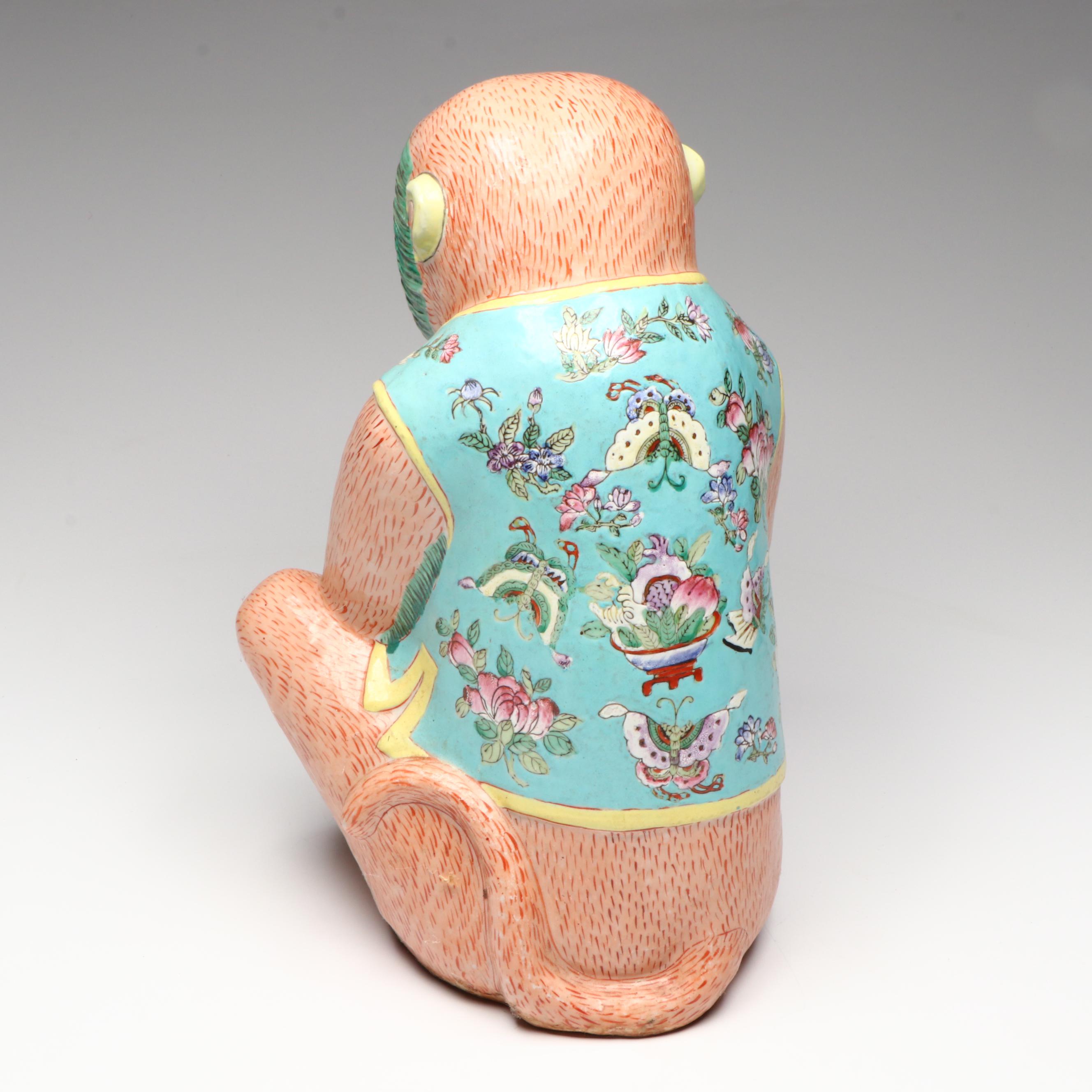 Chinese Famille Rose Monkey Holding Peach Porcelain Figure