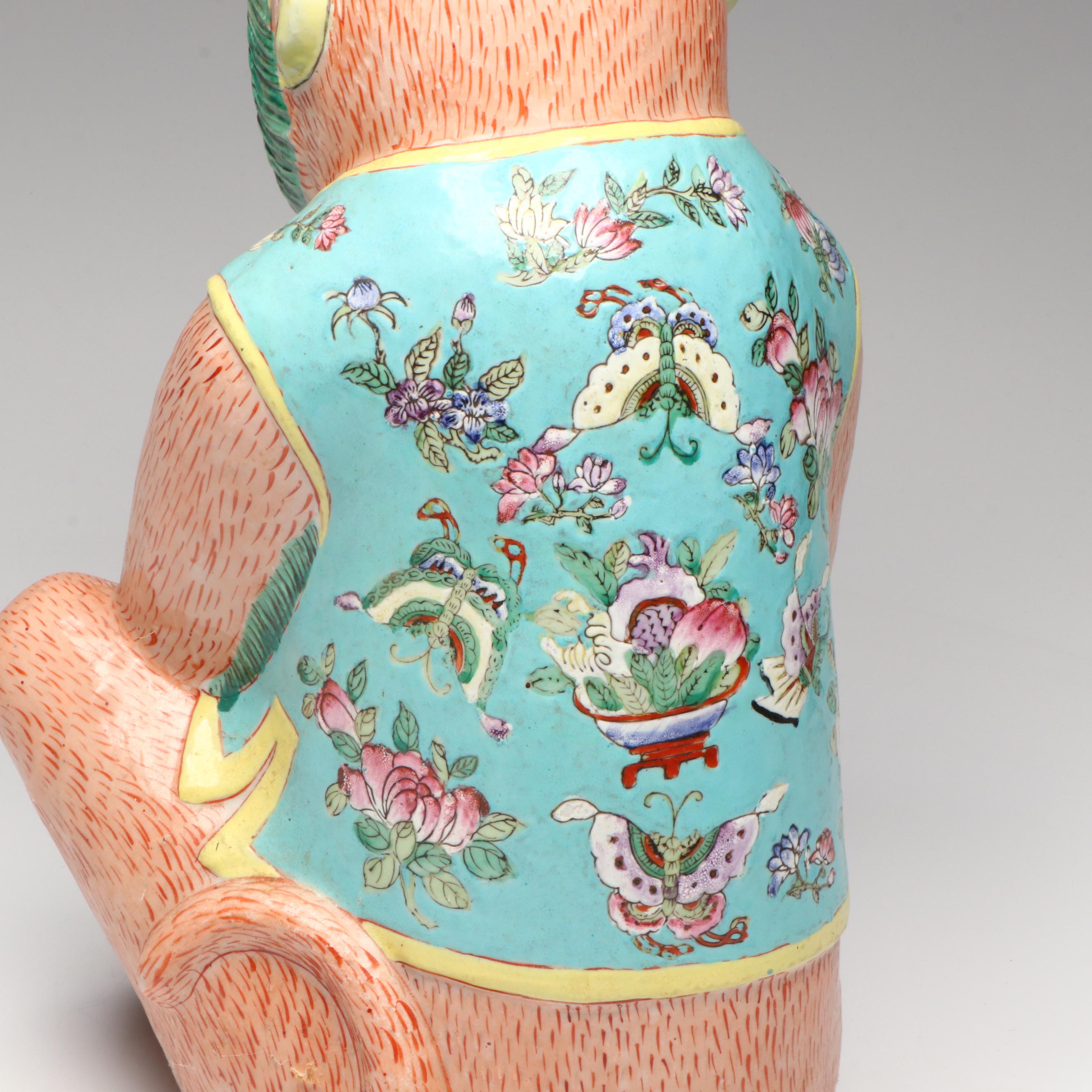 Chinese Famille Rose Monkey Holding Peach Porcelain Figure