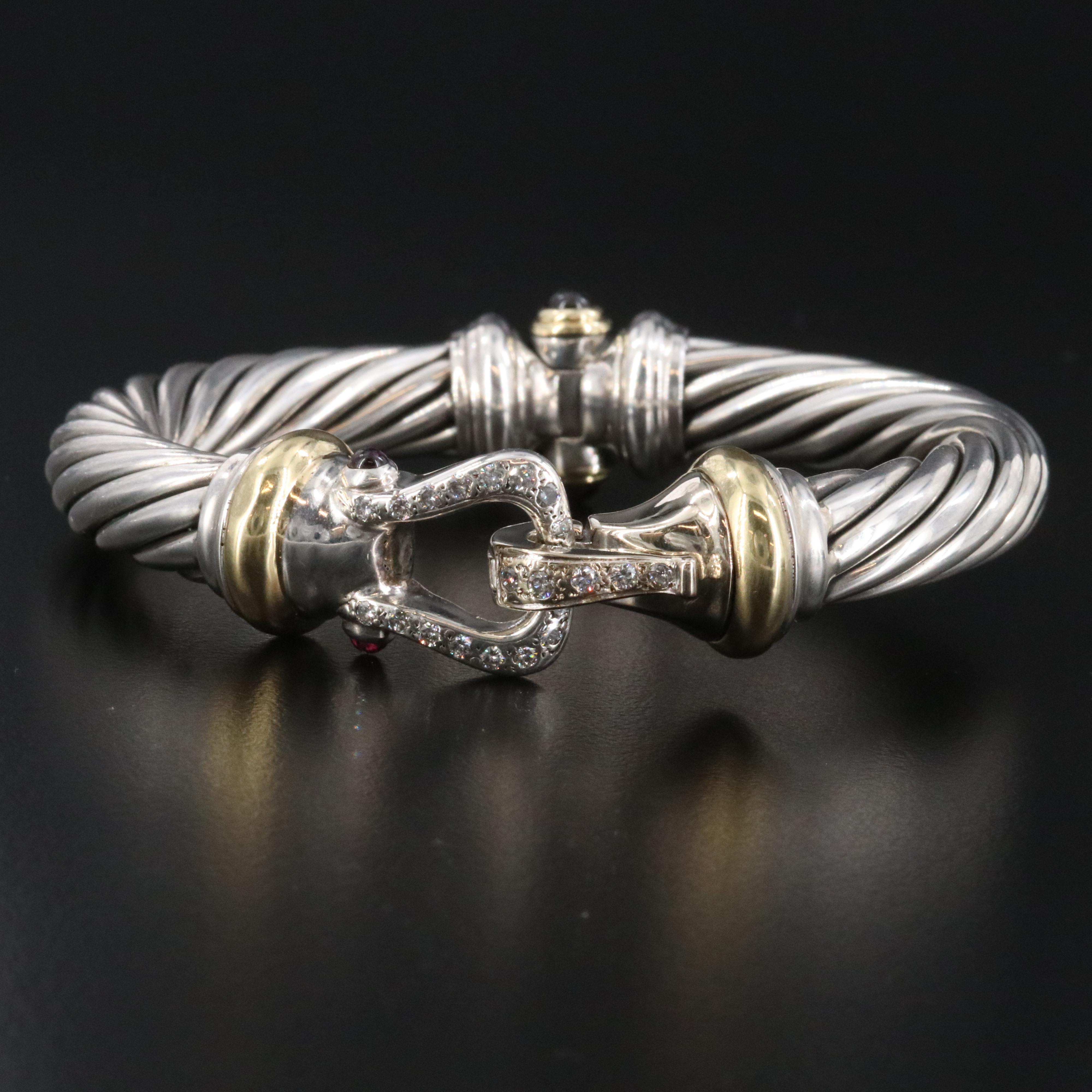 David Yurman Sterling 0.50 CTW Diamond and Garnet Buckle Bracelet with 18K