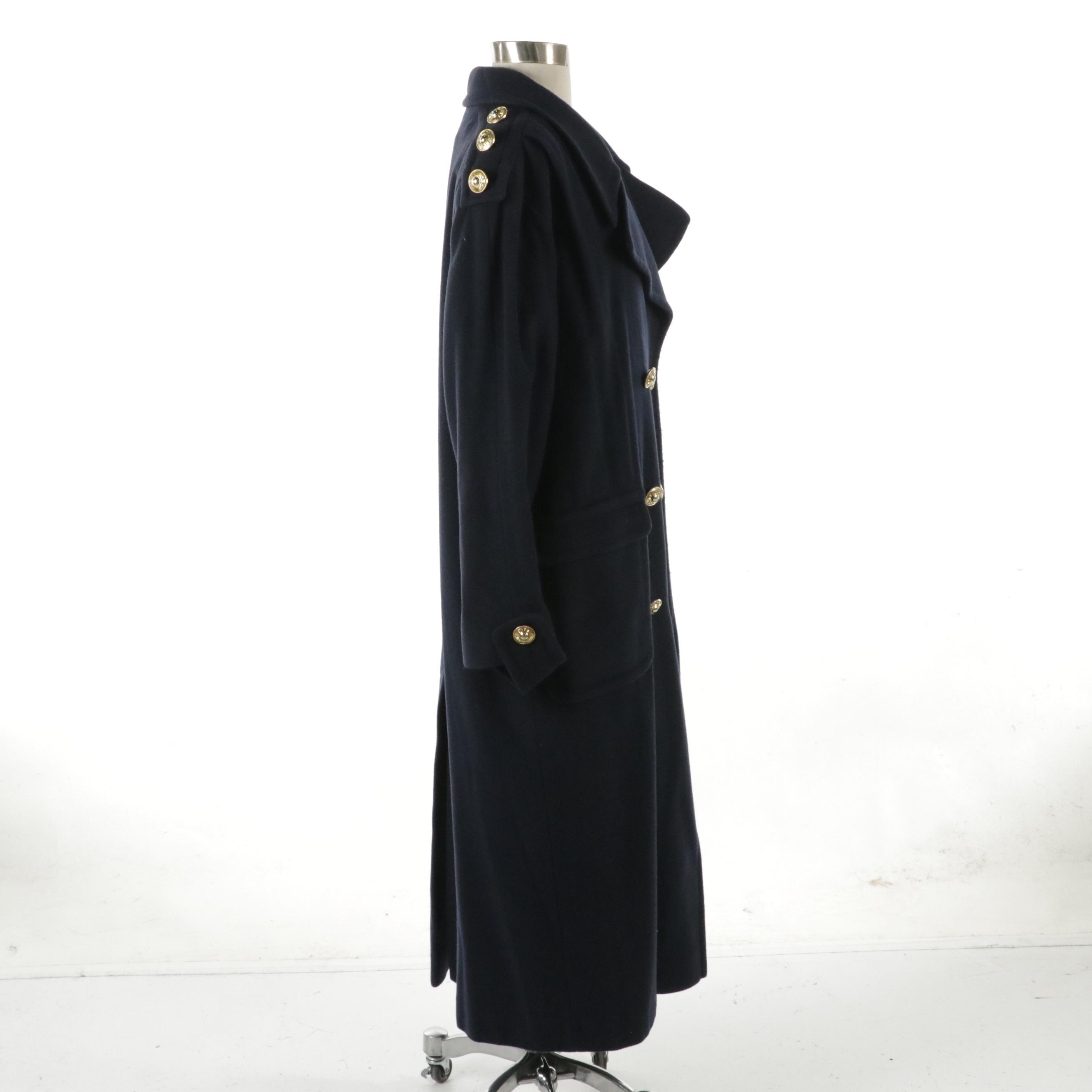 Raffinati Vintage Navy Wool/Cashmere Double-Breasted Padded Shoulder Long Coat