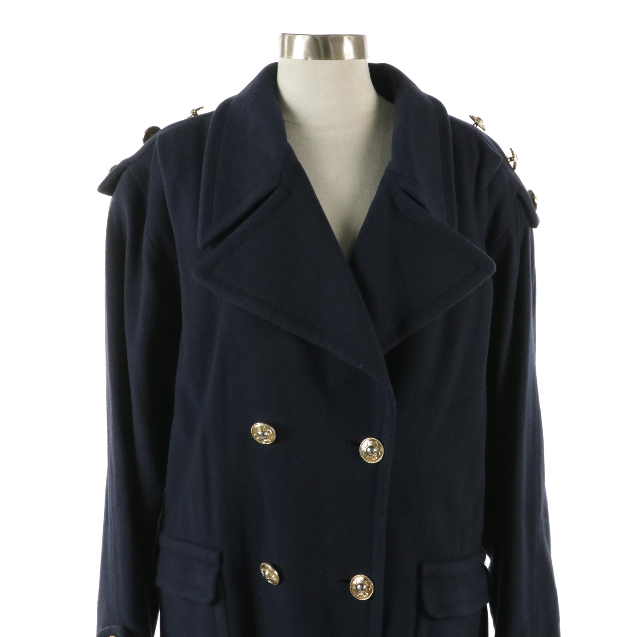 Raffinati Vintage Navy Wool/Cashmere Double-Breasted Padded Shoulder Long Coat