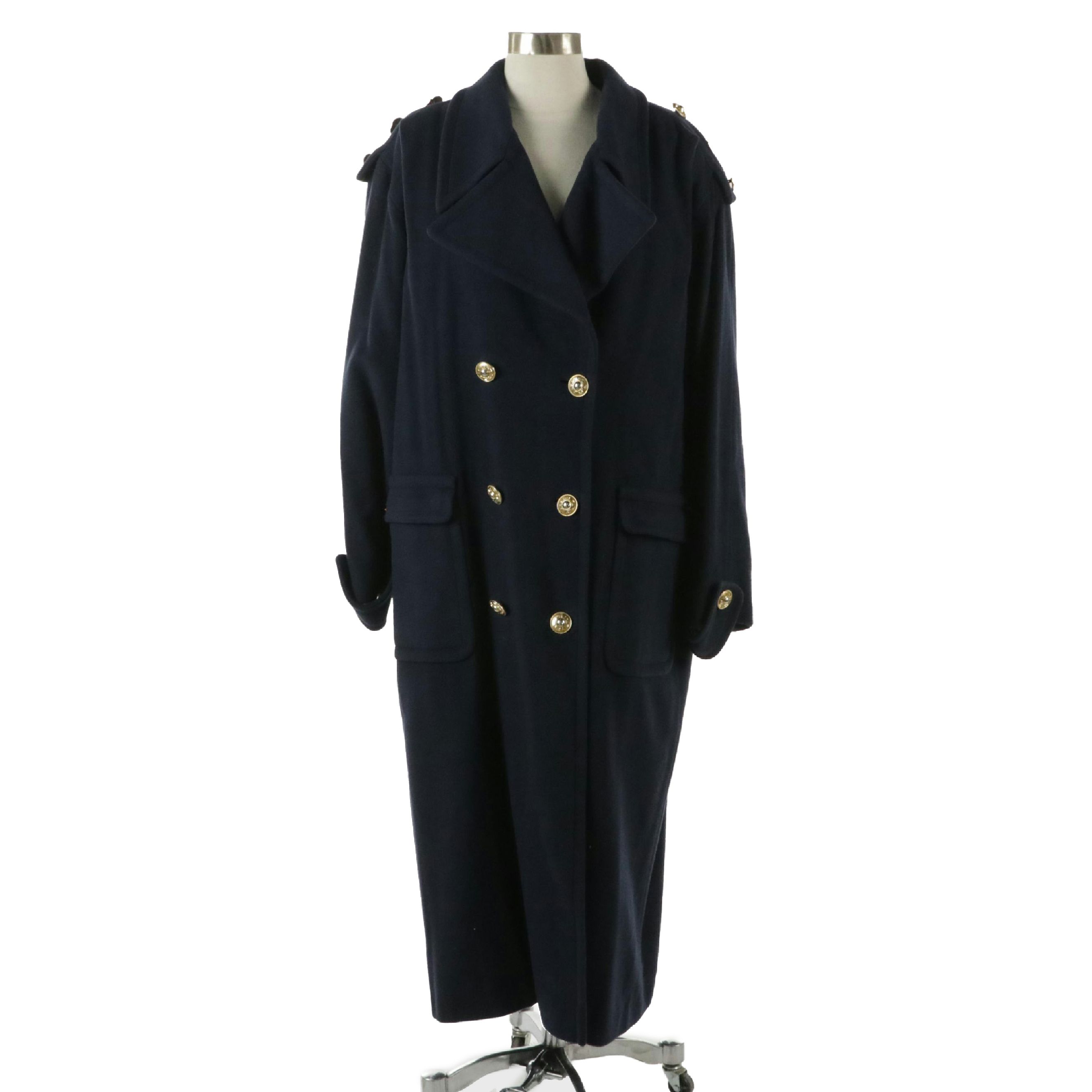 Raffinati Vintage Navy Wool/Cashmere Double-Breasted Padded Shoulder Long Coat