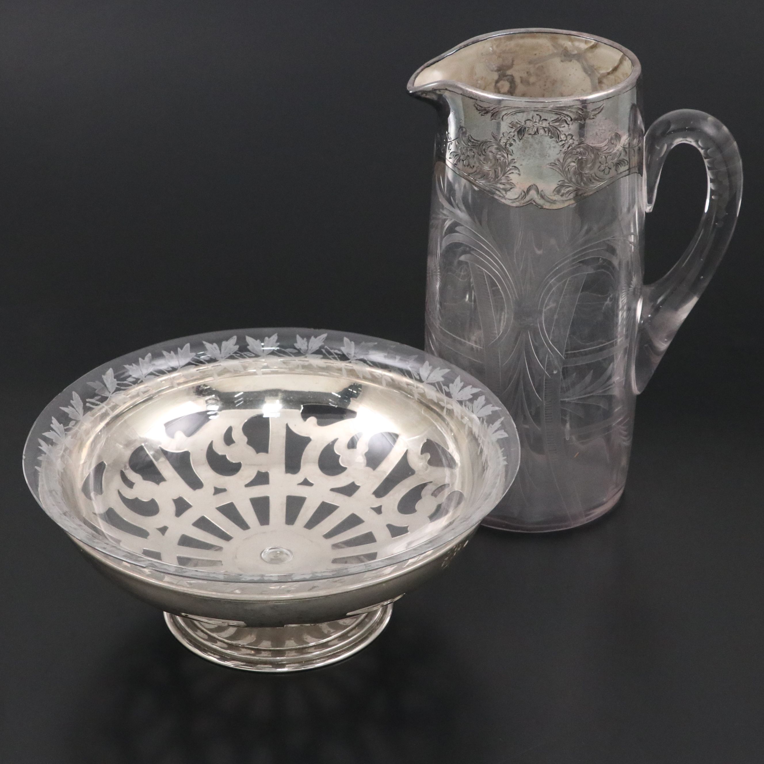 Manning, Bowman & Co. Metal Footed Glass Bowl with Silver Plate Rimmed Pitcher