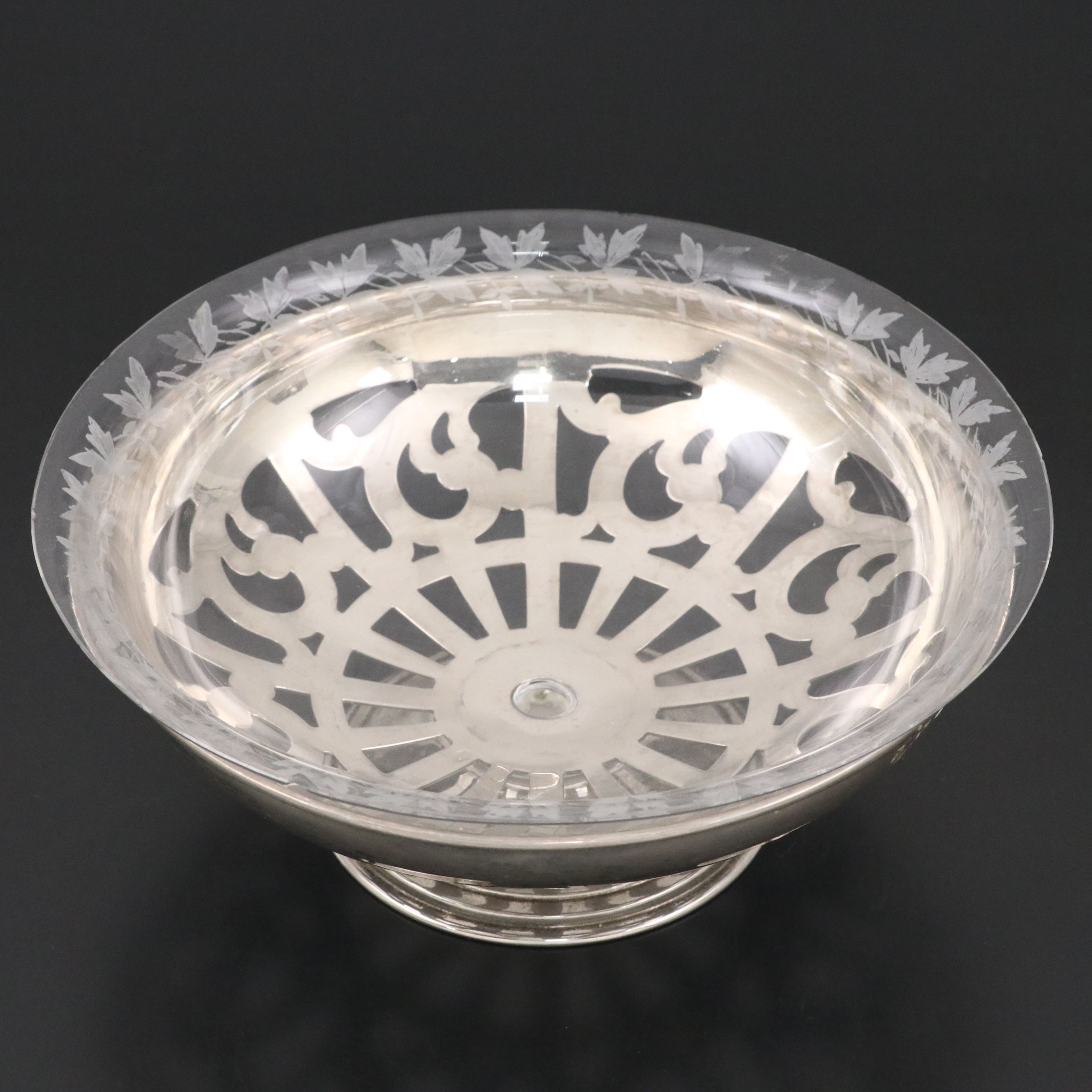 Manning, Bowman & Co. Metal Footed Glass Bowl with Silver Plate Rimmed Pitcher