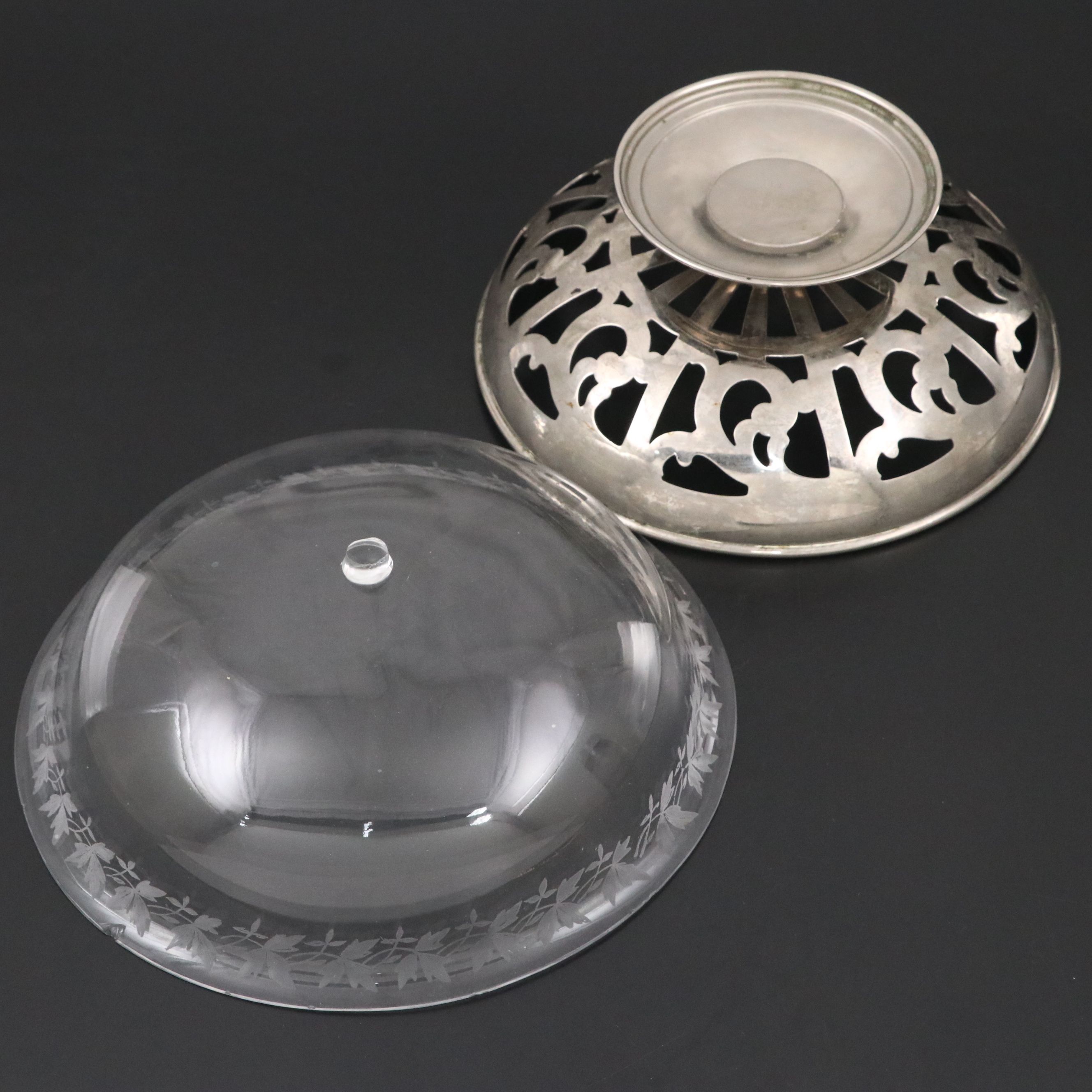 Manning, Bowman & Co. Metal Footed Glass Bowl with Silver Plate Rimmed Pitcher