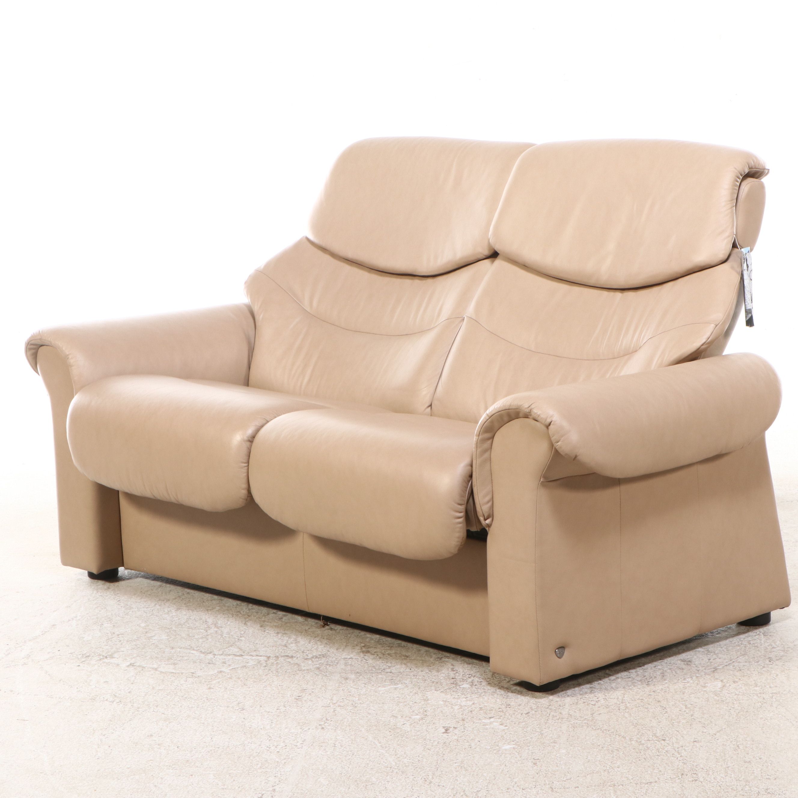 JE Ekornes "Stressless" Leather Loveseat with Pair of End Tables and Ottoman