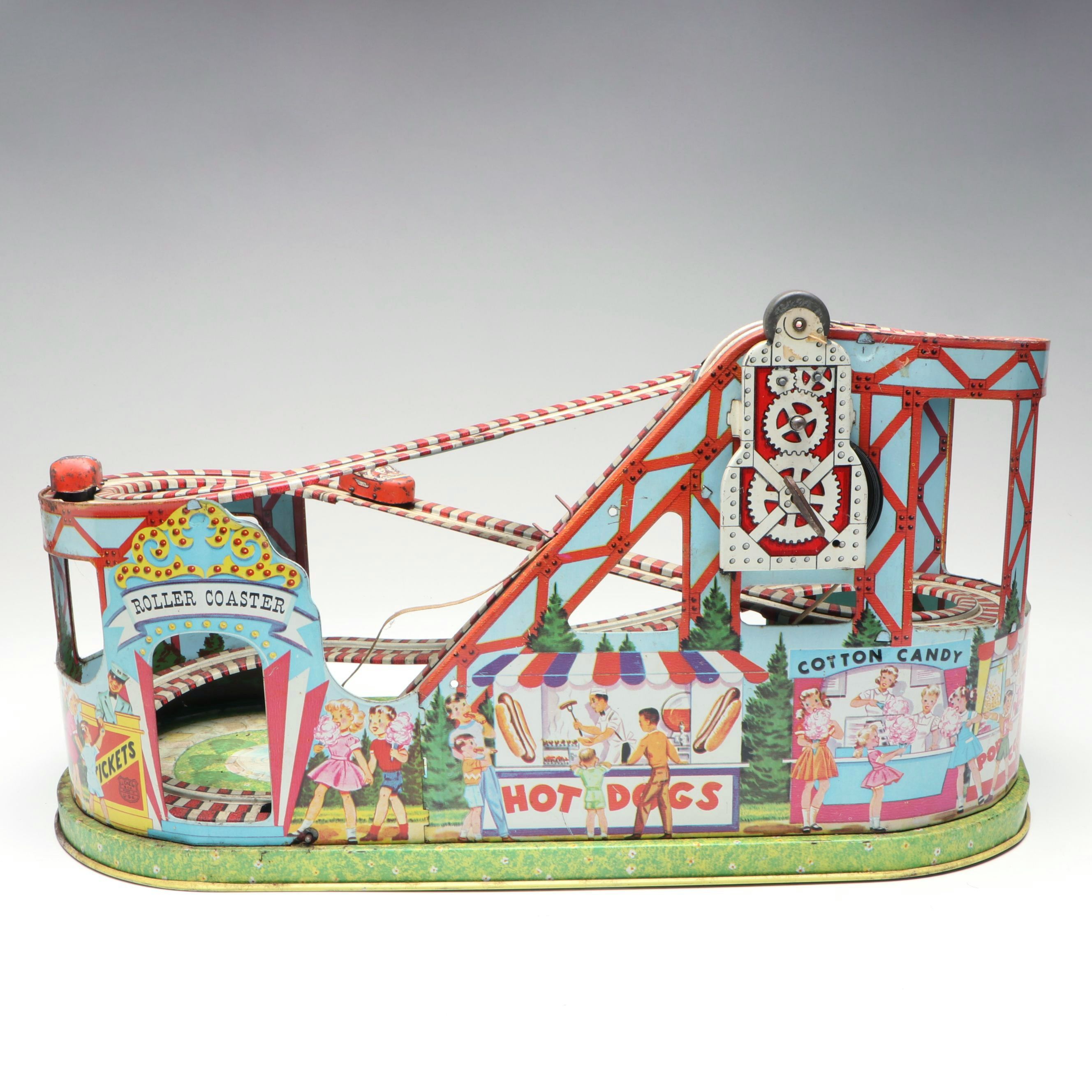 J. Chein & Co. Tin Litho Wind-Up Roller Coaster Toy, Mid-20th Century