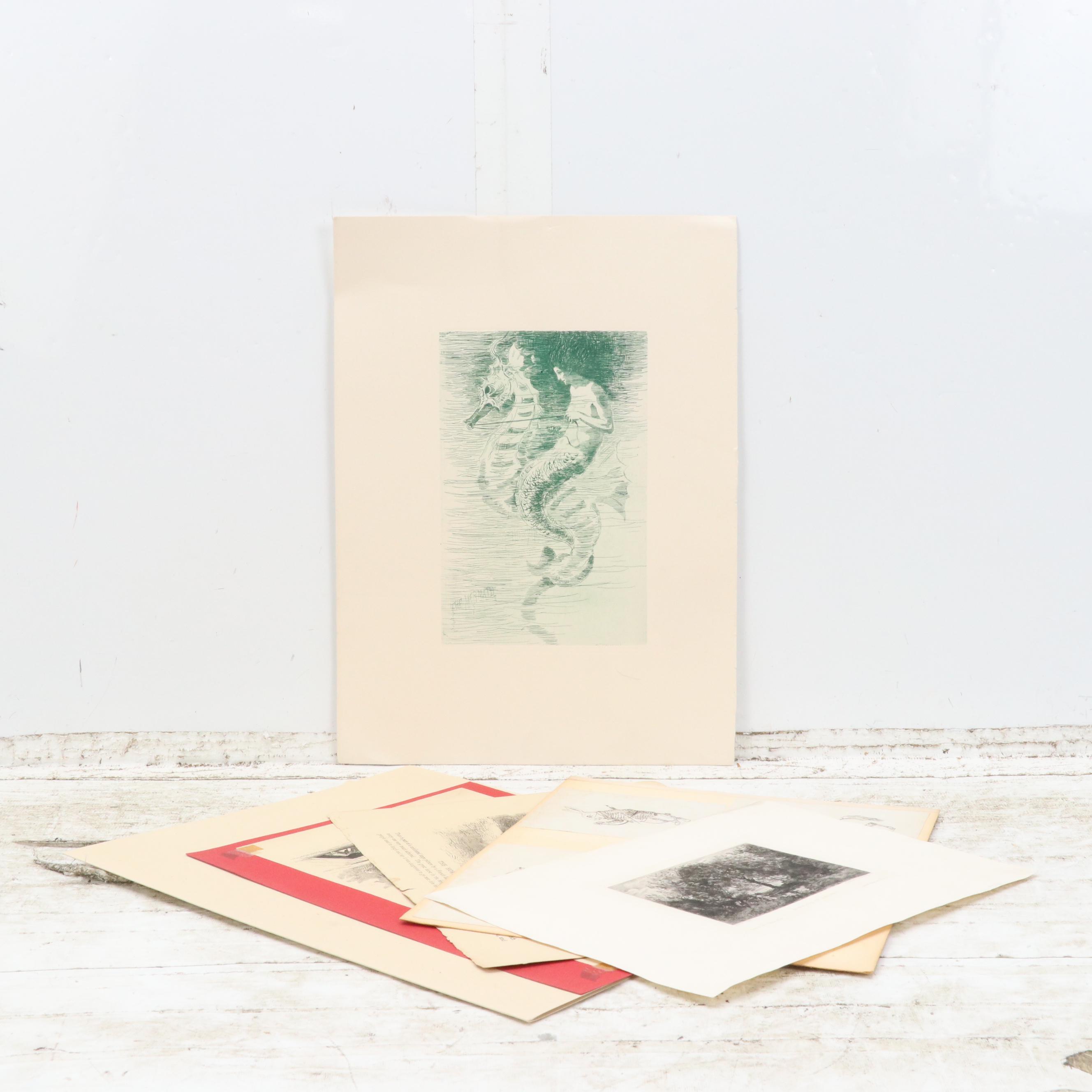 Intaglio Set Including Etching F. S. Church "The Mermaid," 1888