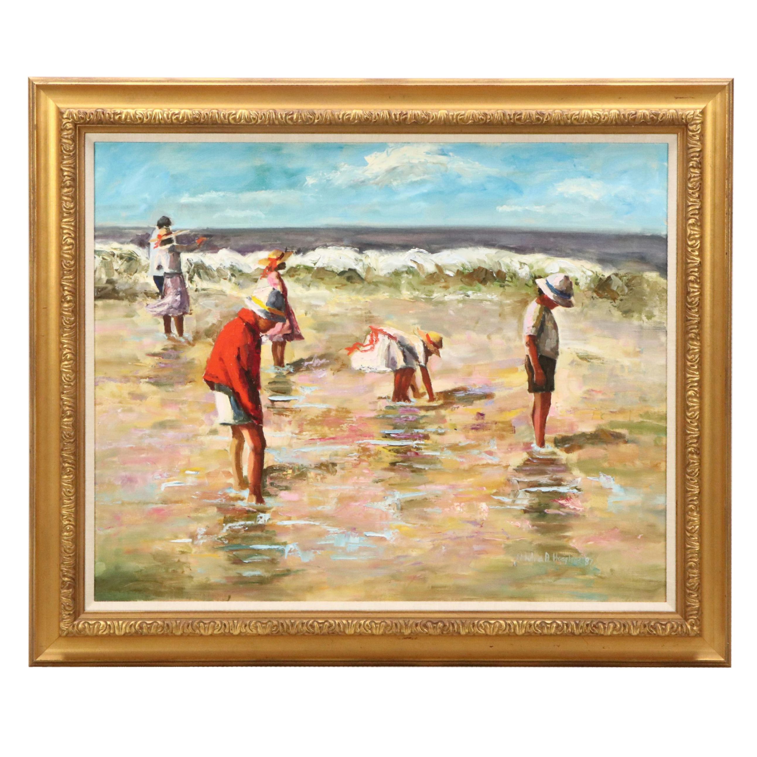 Adeline Hoagland Oil Painting of Children in the Surf, 1987