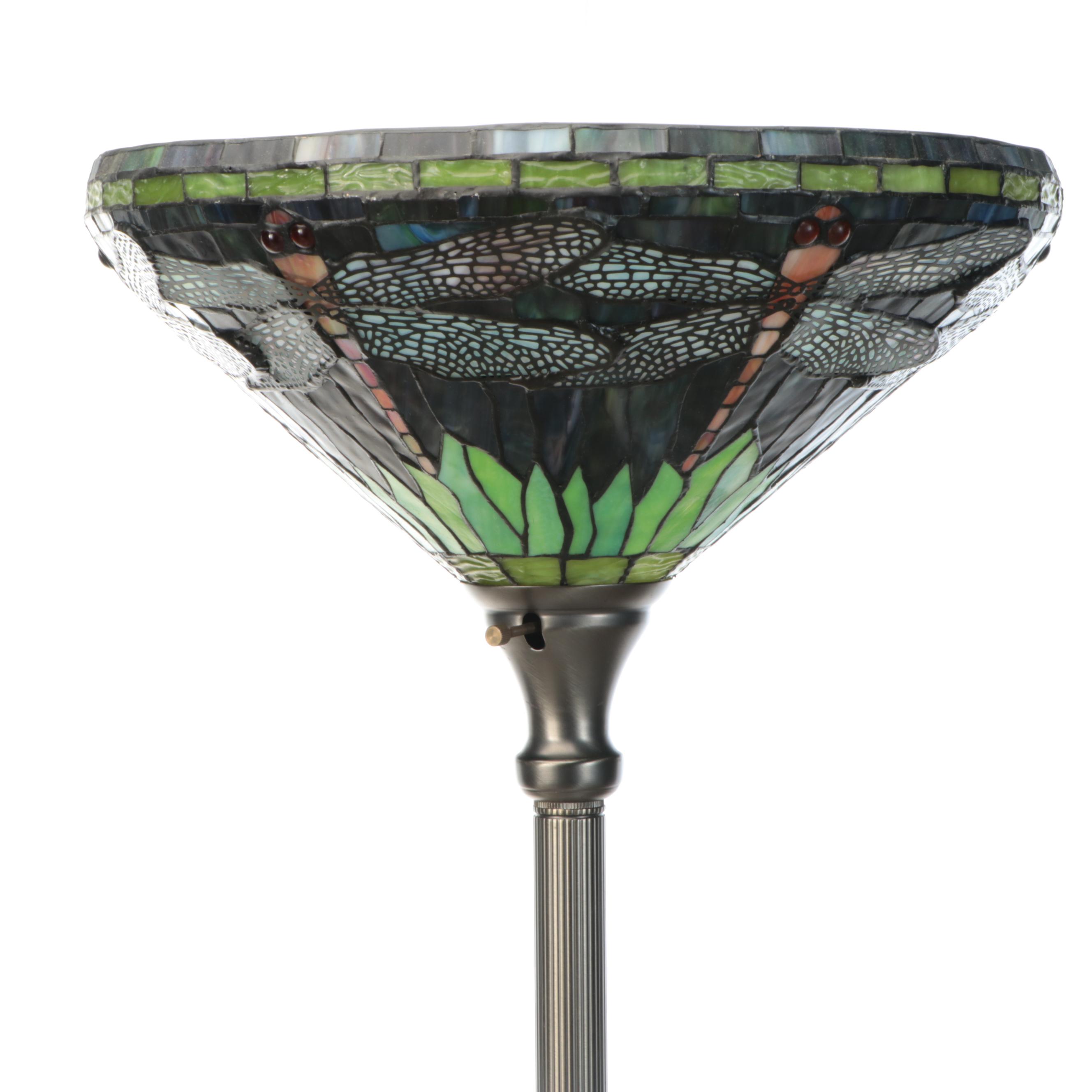 Art Nouveau Style Torchère Floor Lamp with Dragonfly Slag Glass Shade