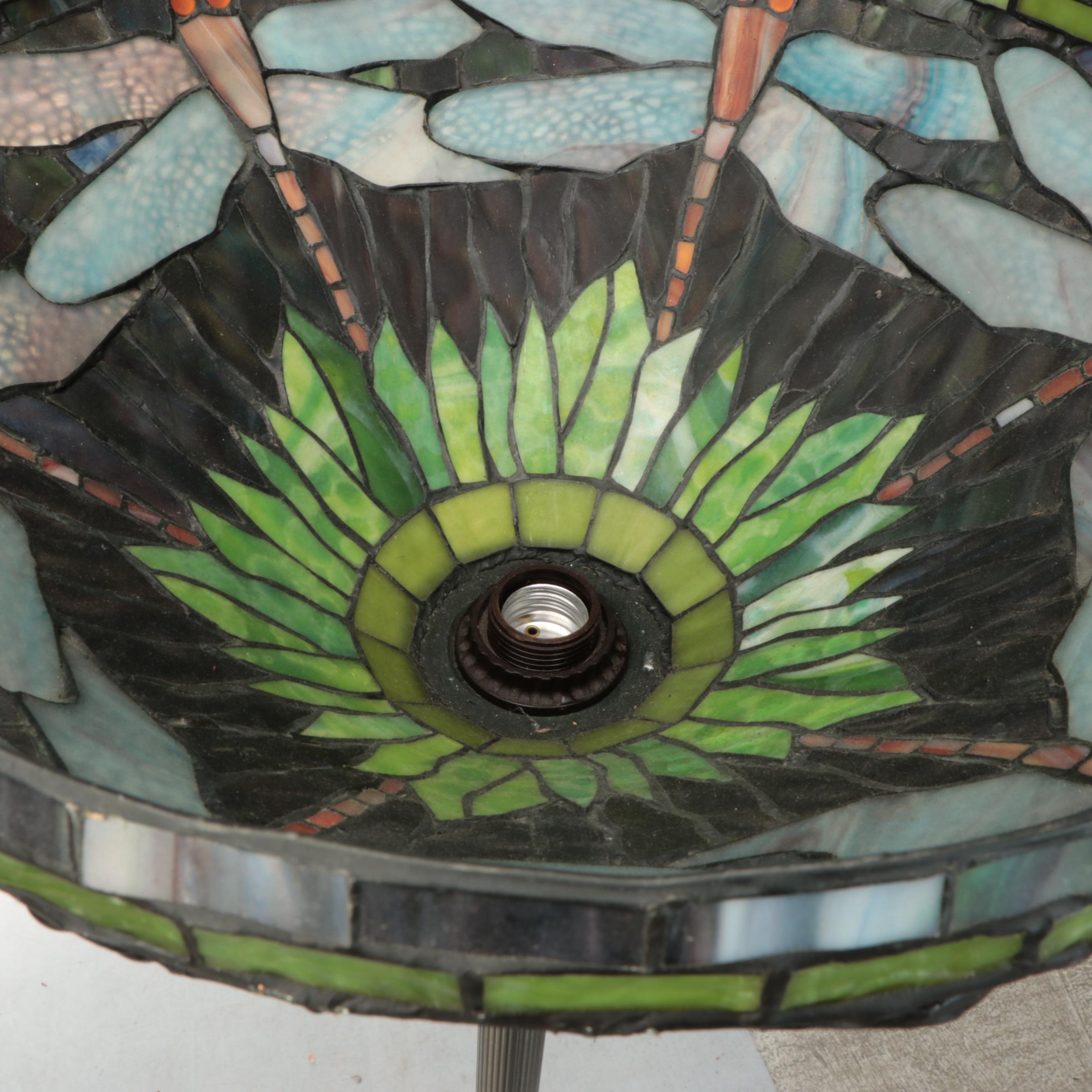 Art Nouveau Style Torchère Floor Lamp with Dragonfly Slag Glass Shade