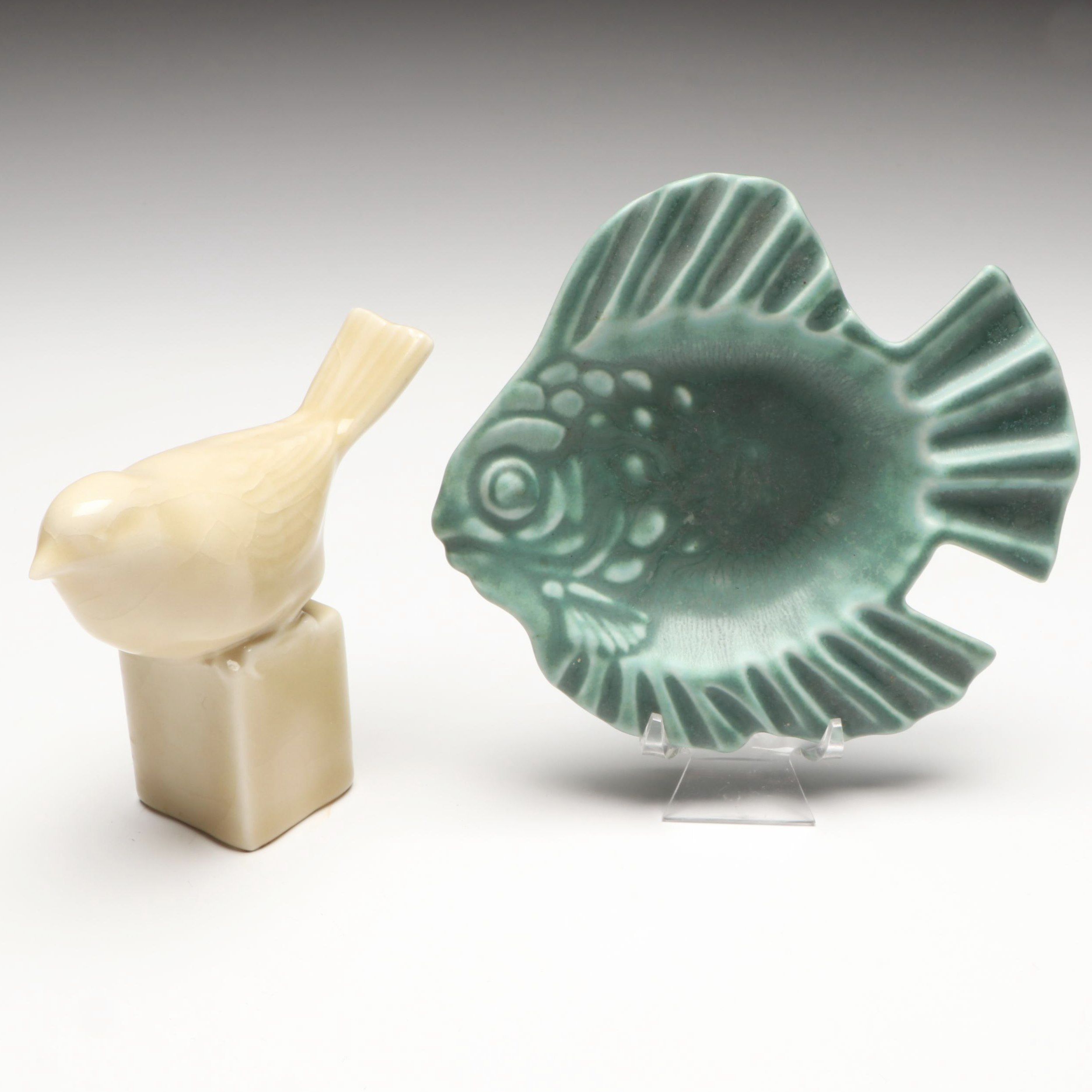 Rookwood Pottery Bird Figurine, Fish Bowl, and Planter, Early to Mid-20th C.