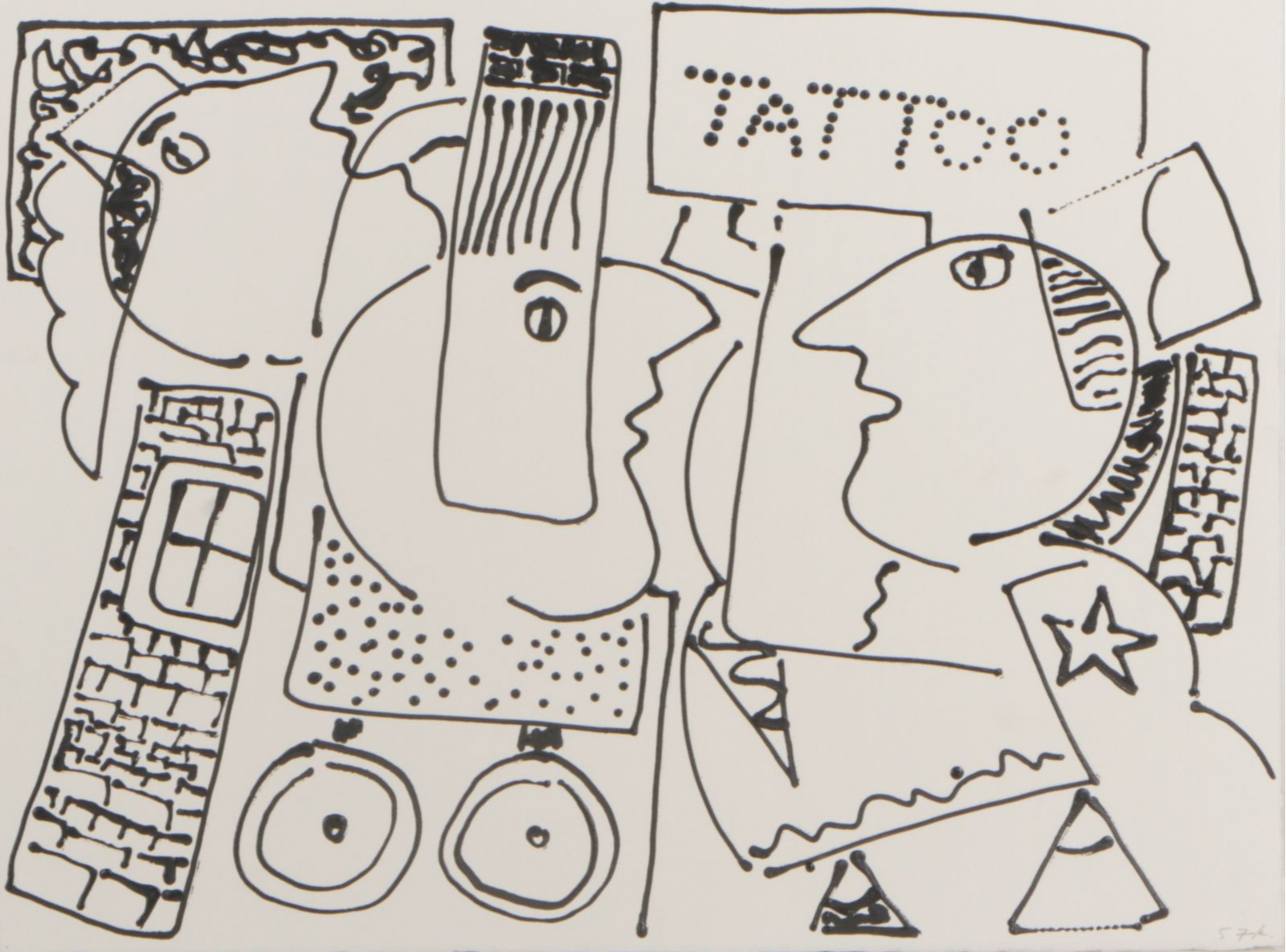 Stuart Fink Abstract Cubist Style Ink Painting, Late 20th to Early 21st Century