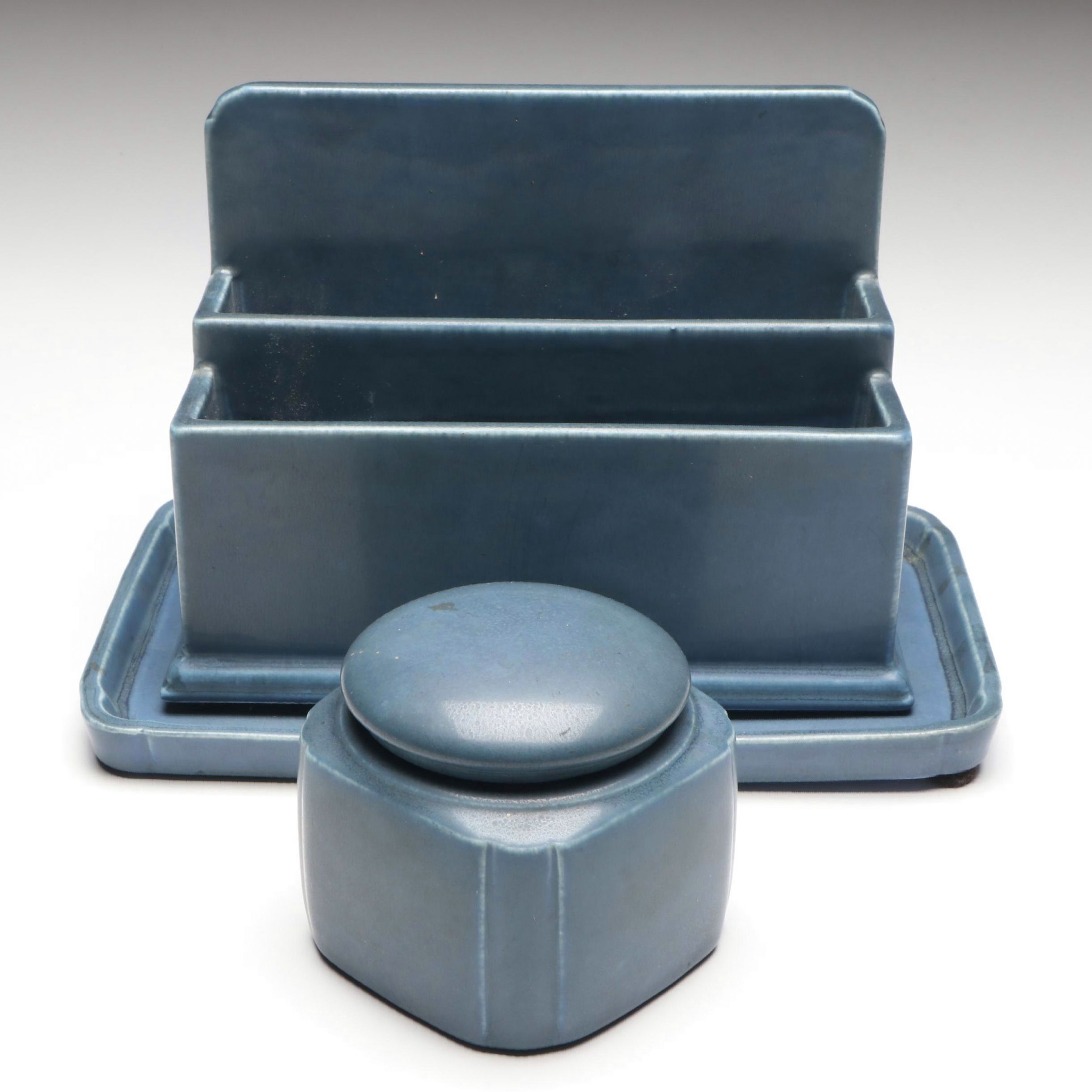 Rookwood Pottery Ceramic Letter Box, Tray, and Inkwell