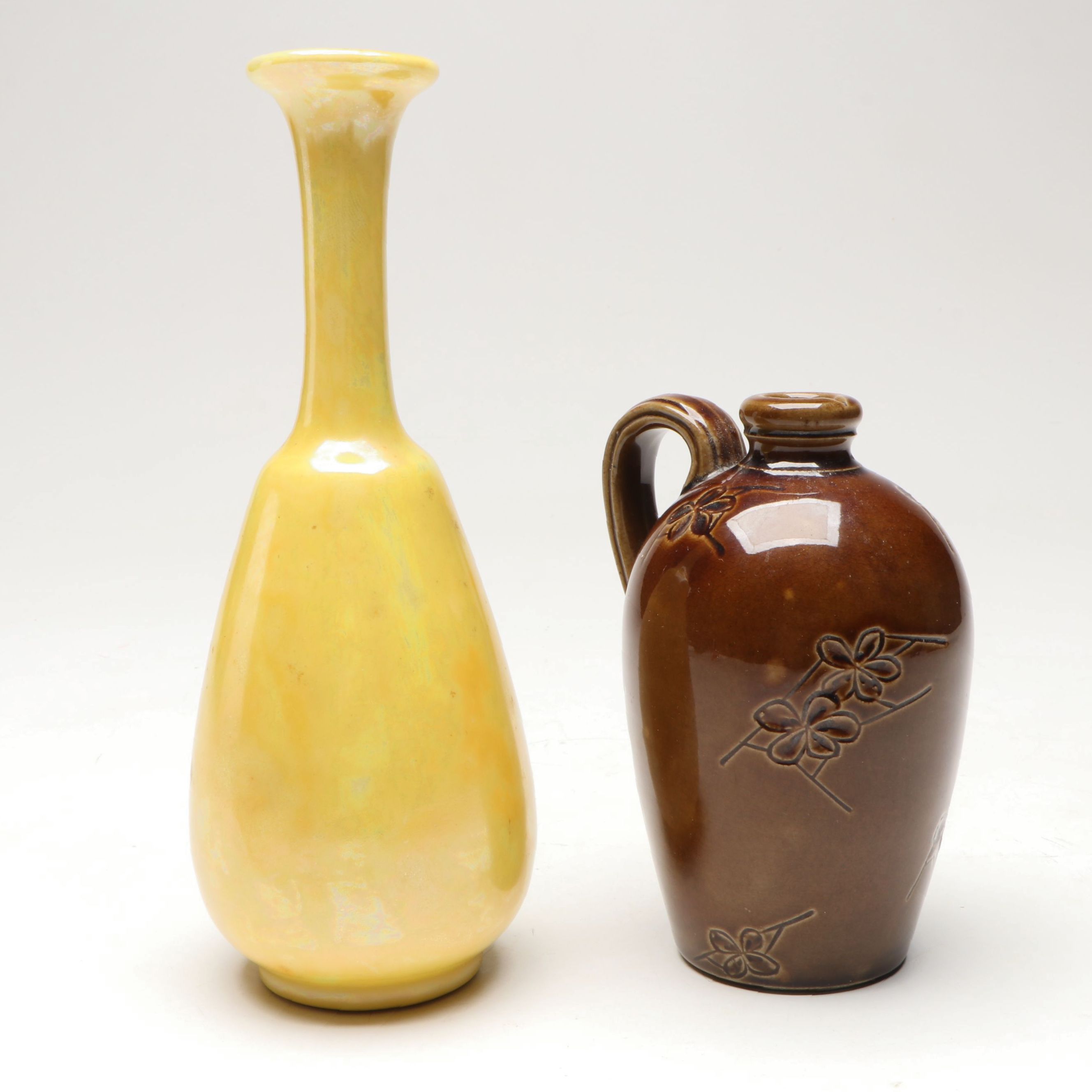 Rookwood Pottery Hand-Thrown Jug with Yellow Iridescent Bud Vase, 1884 & 1915