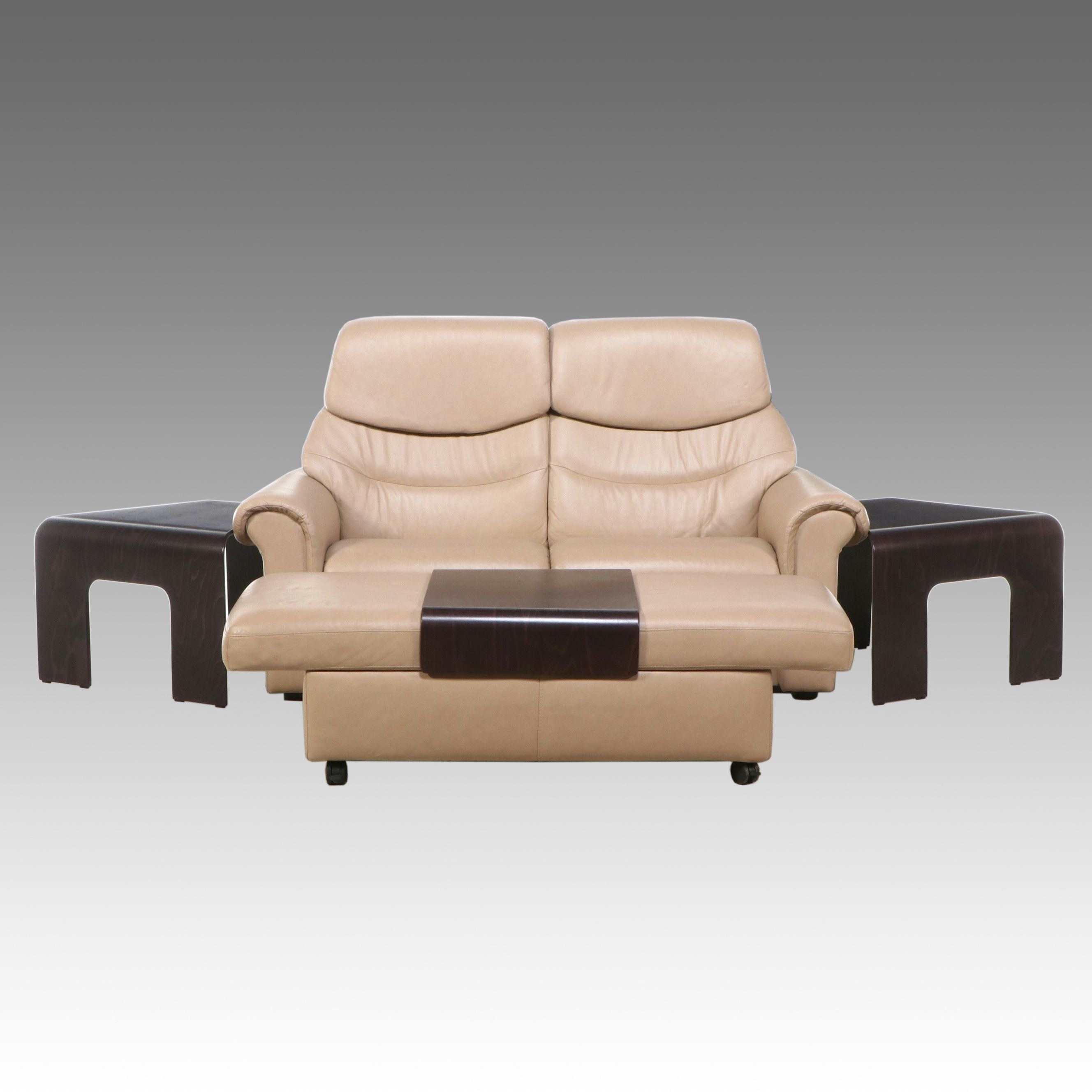 JE Ekornes "Stressless" Leather Loveseat with Pair of End Tables and Ottoman