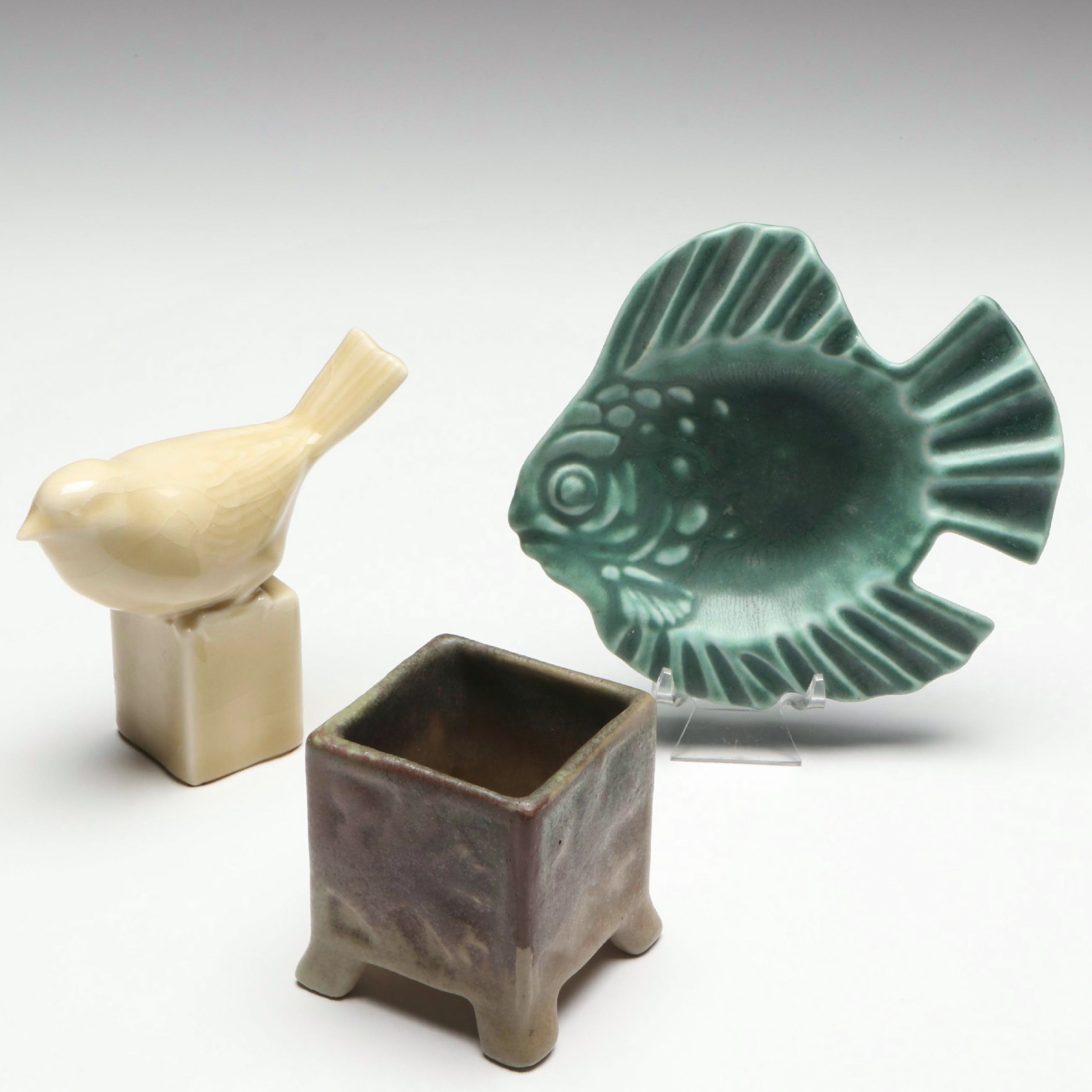 Rookwood Pottery Bird Figurine, Fish Bowl, and Planter, Early to Mid-20th C.