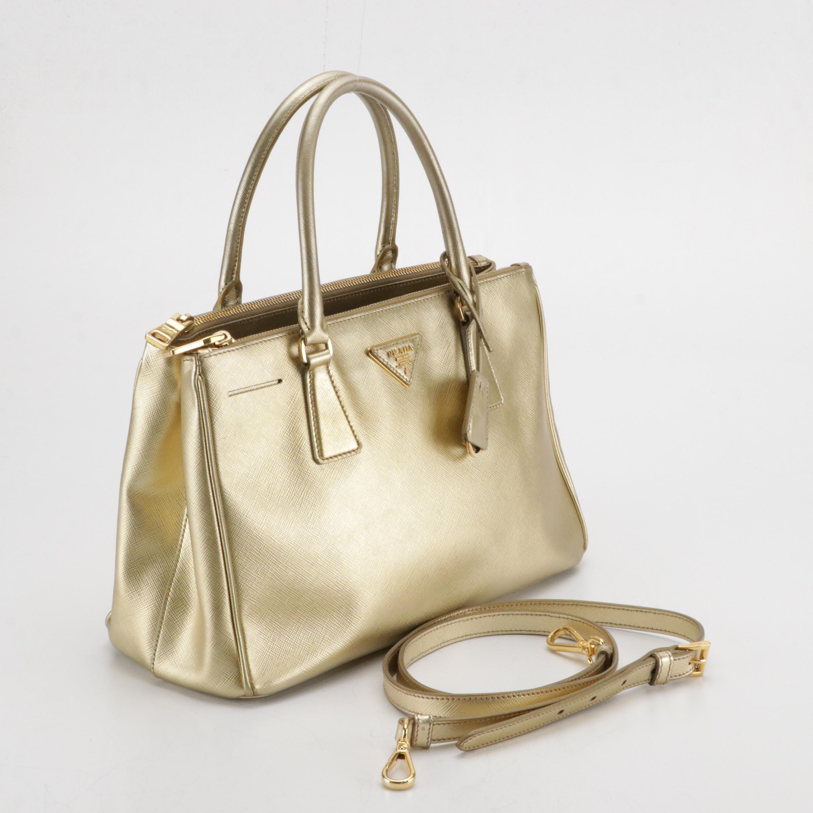 Prada Metallic Gold Saffiano Leather Small Double Zip Galleria Two-Way Tote
