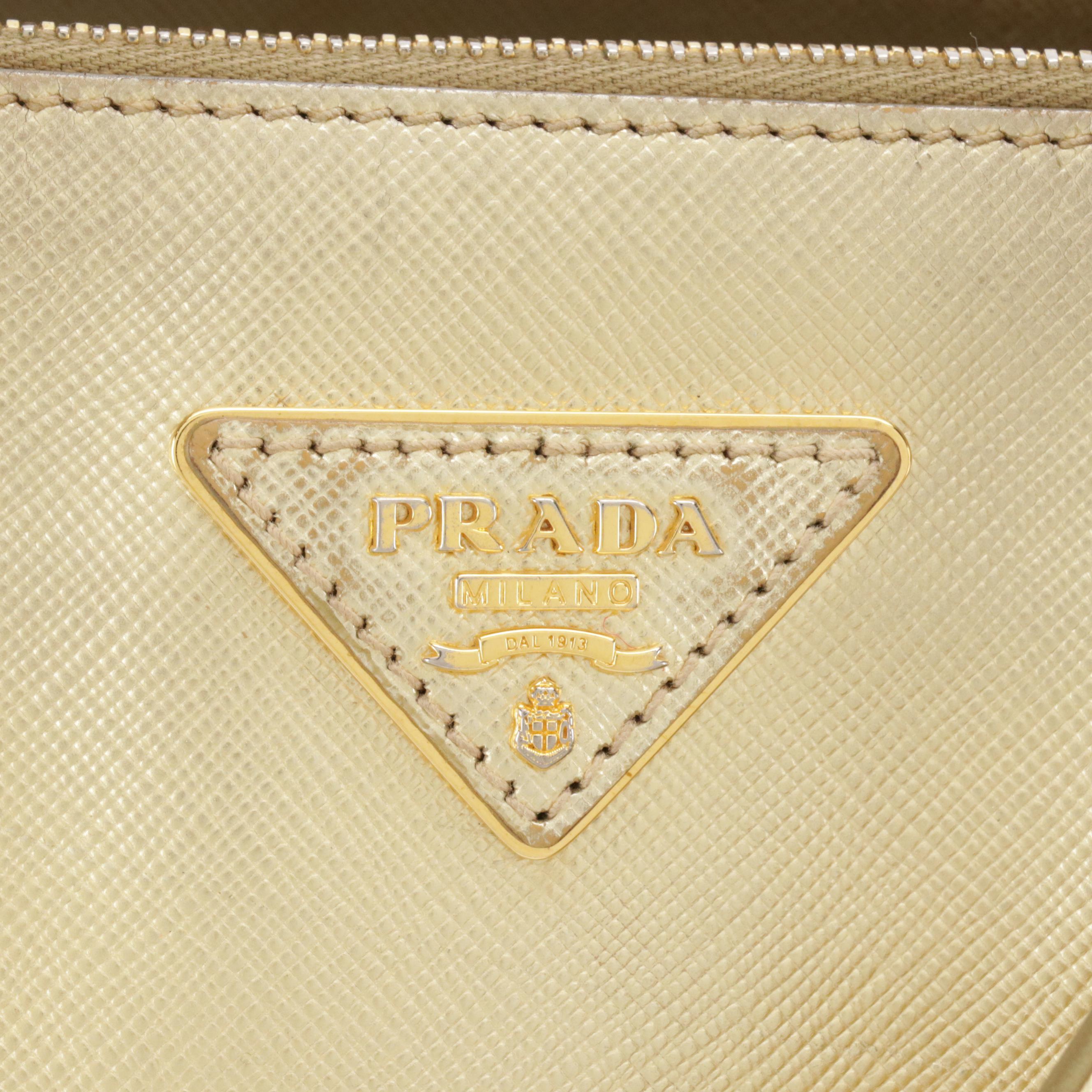 Prada Metallic Gold Saffiano Leather Small Double Zip Galleria Two-Way Tote