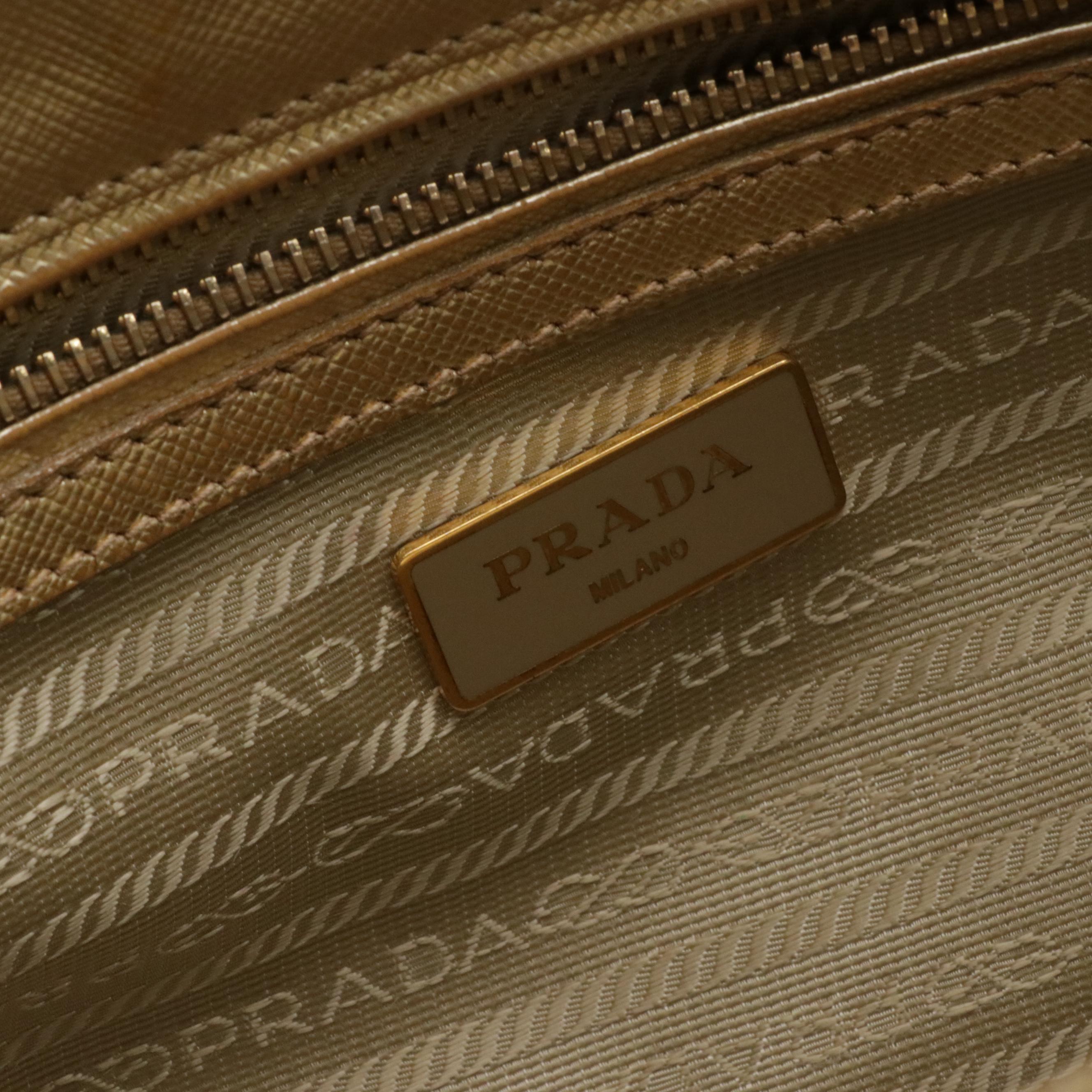 Prada Metallic Gold Saffiano Leather Small Double Zip Galleria Two-Way Tote