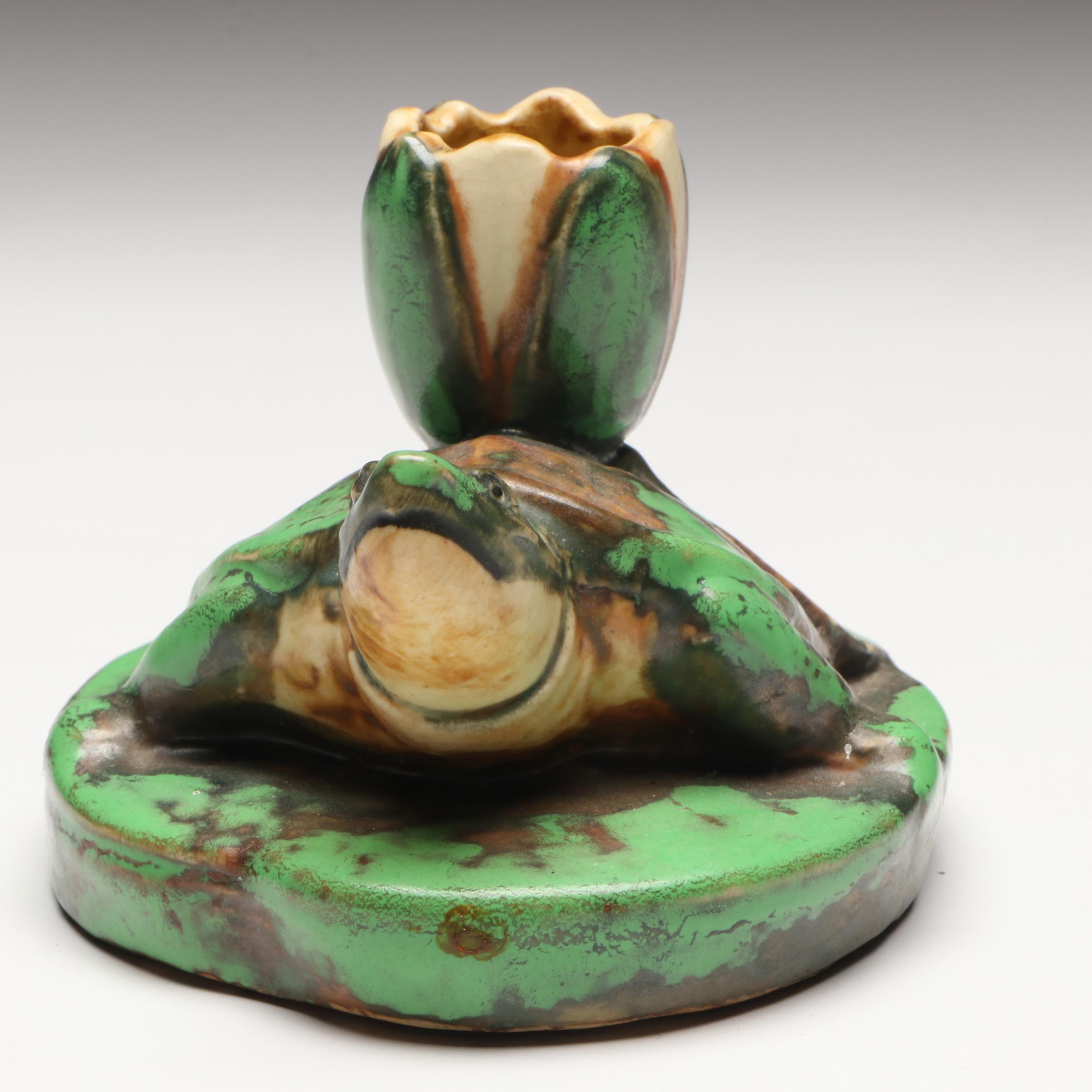 Weller Pottery Coppertone Turtle on Lily Pad Candlestick