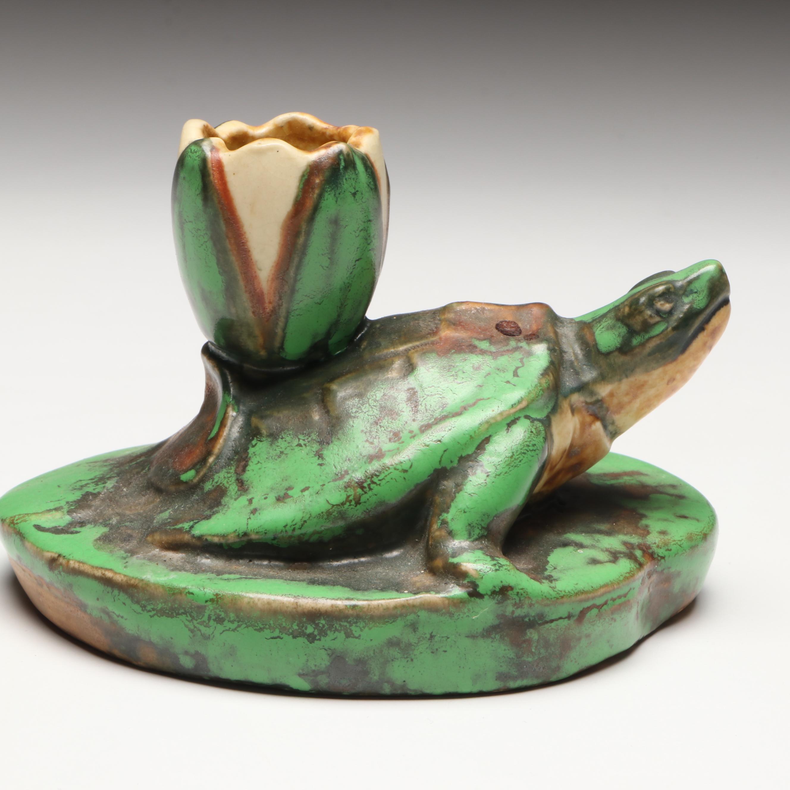 Weller Pottery Coppertone Turtle on Lily Pad Candlestick