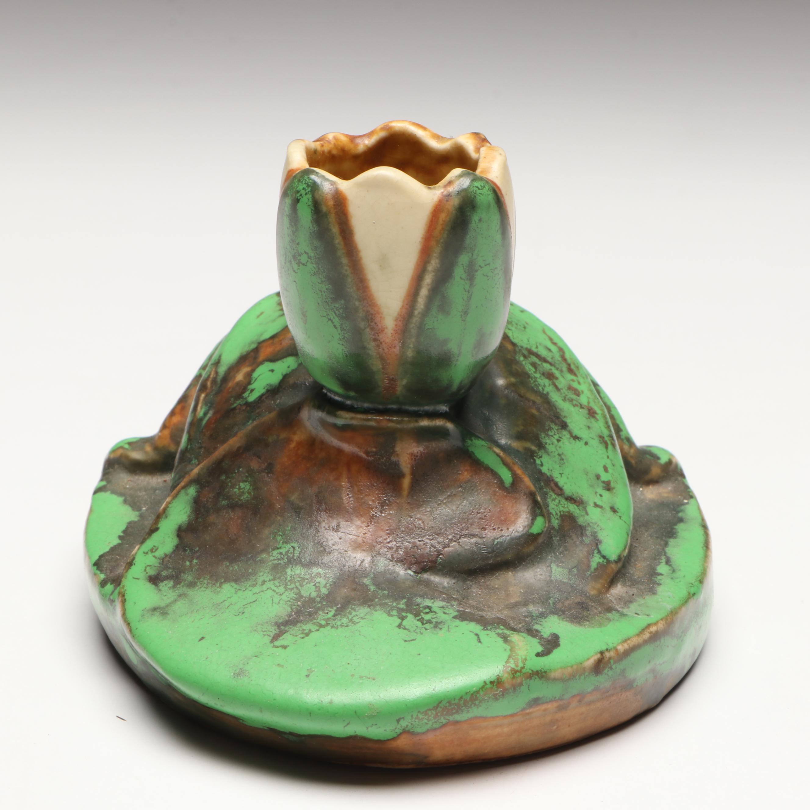 Weller Pottery Coppertone Turtle on Lily Pad Candlestick