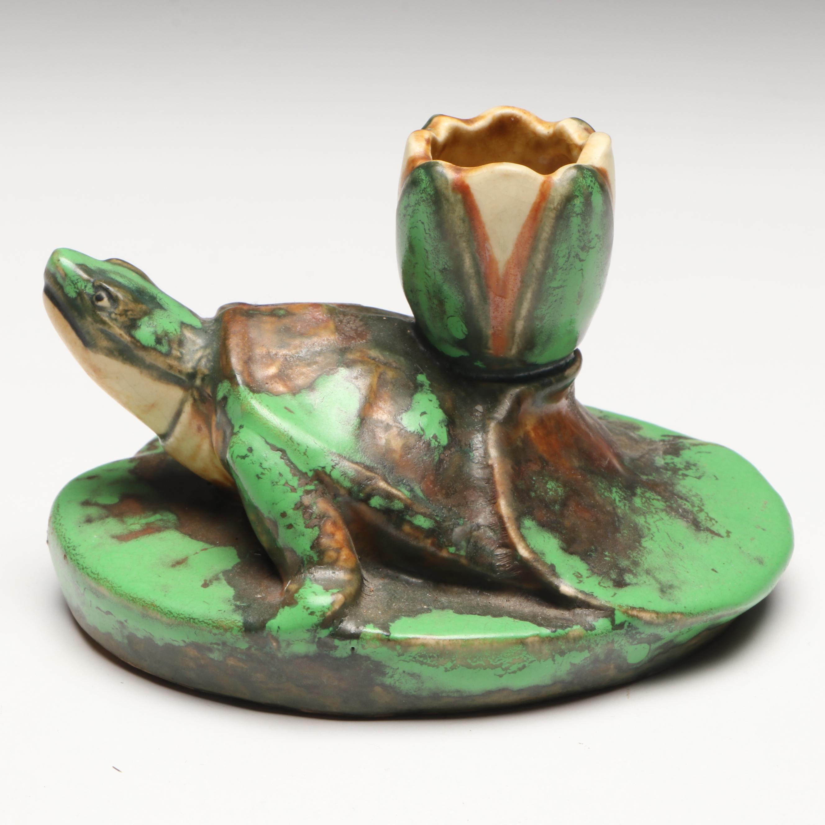 Weller Pottery Coppertone Turtle on Lily Pad Candlestick