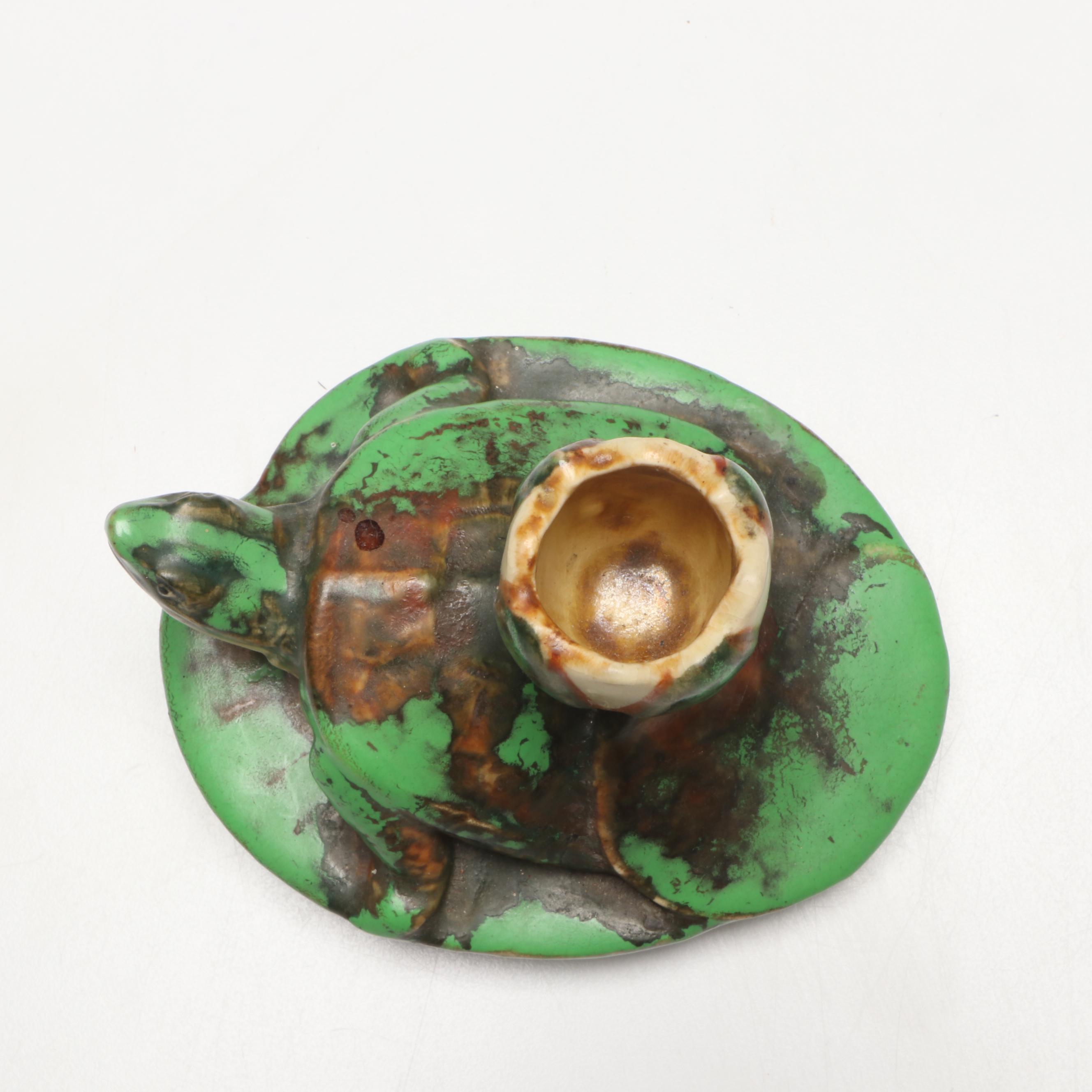 Weller Pottery Coppertone Turtle on Lily Pad Candlestick