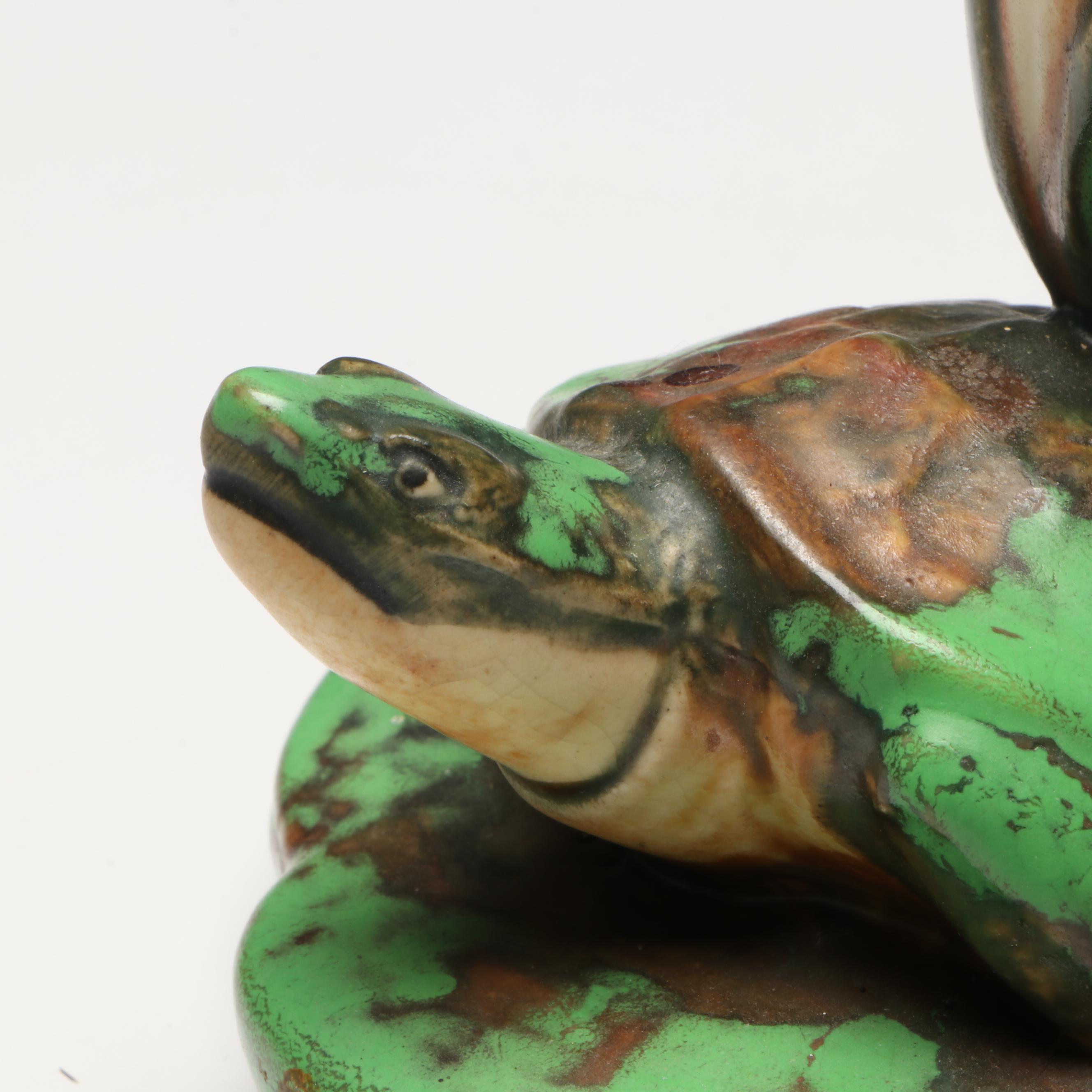 Weller Pottery Coppertone Turtle on Lily Pad Candlestick