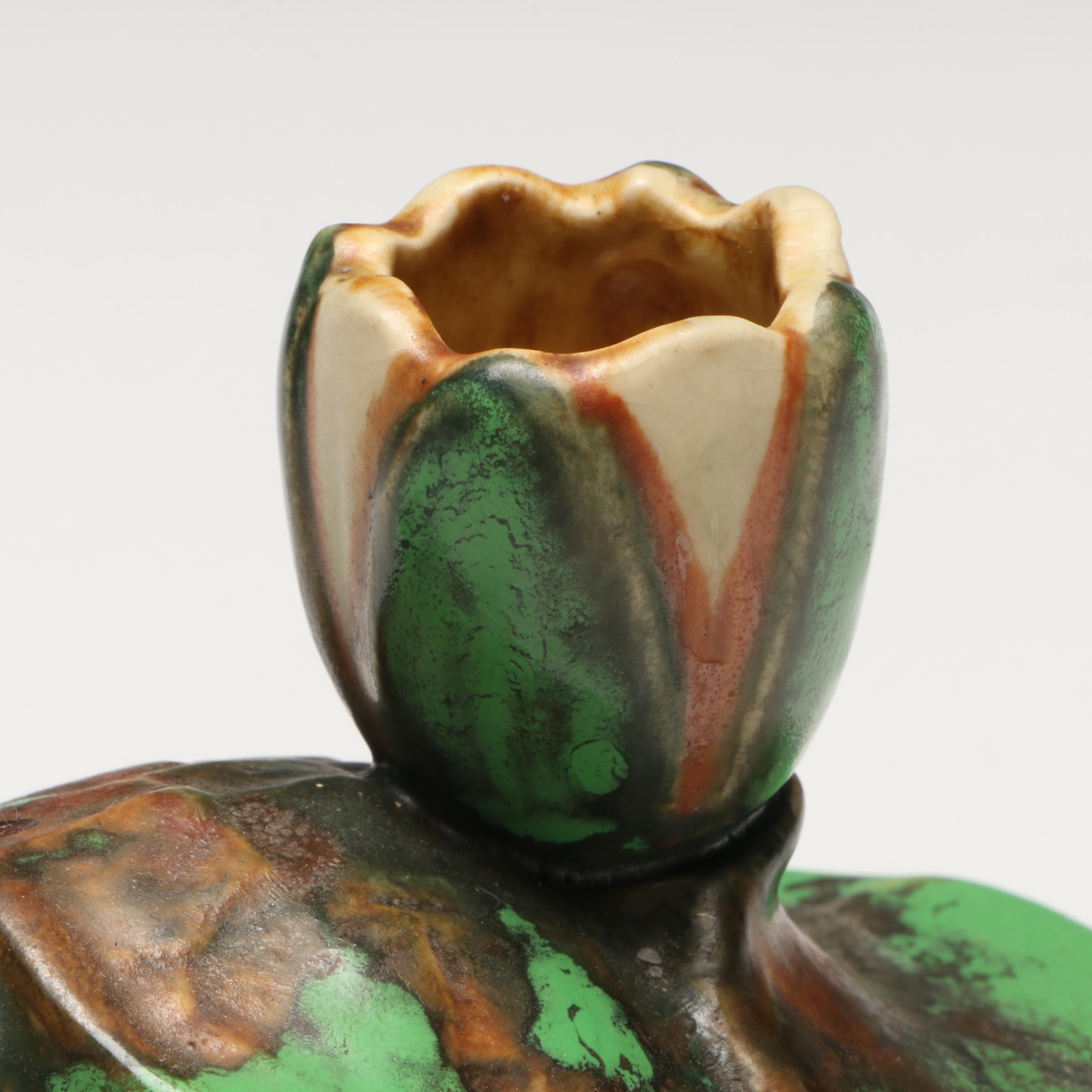 Weller Pottery Coppertone Turtle on Lily Pad Candlestick