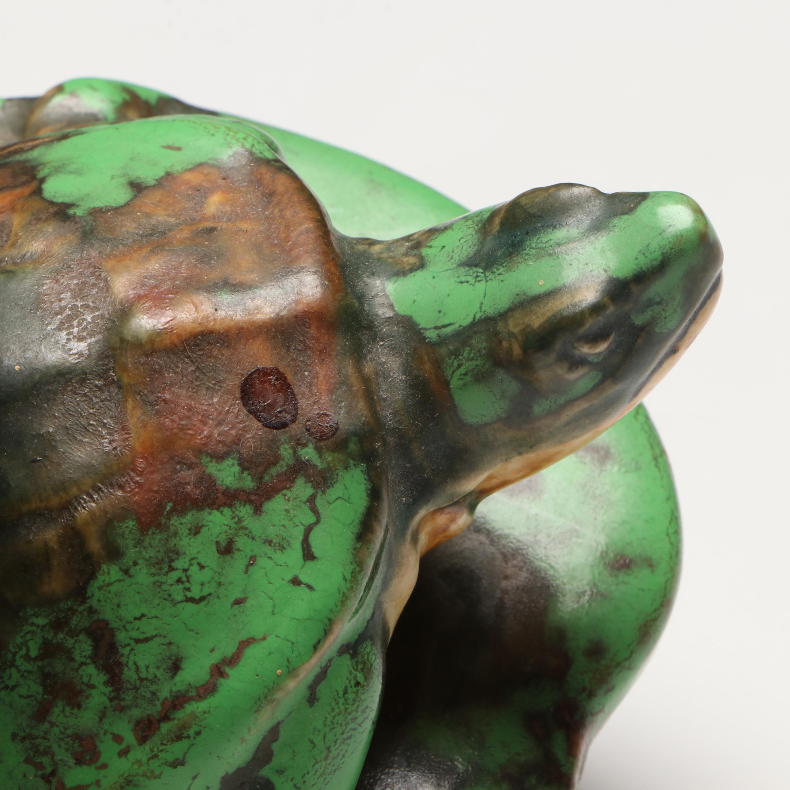 Weller Pottery Coppertone Turtle on Lily Pad Candlestick