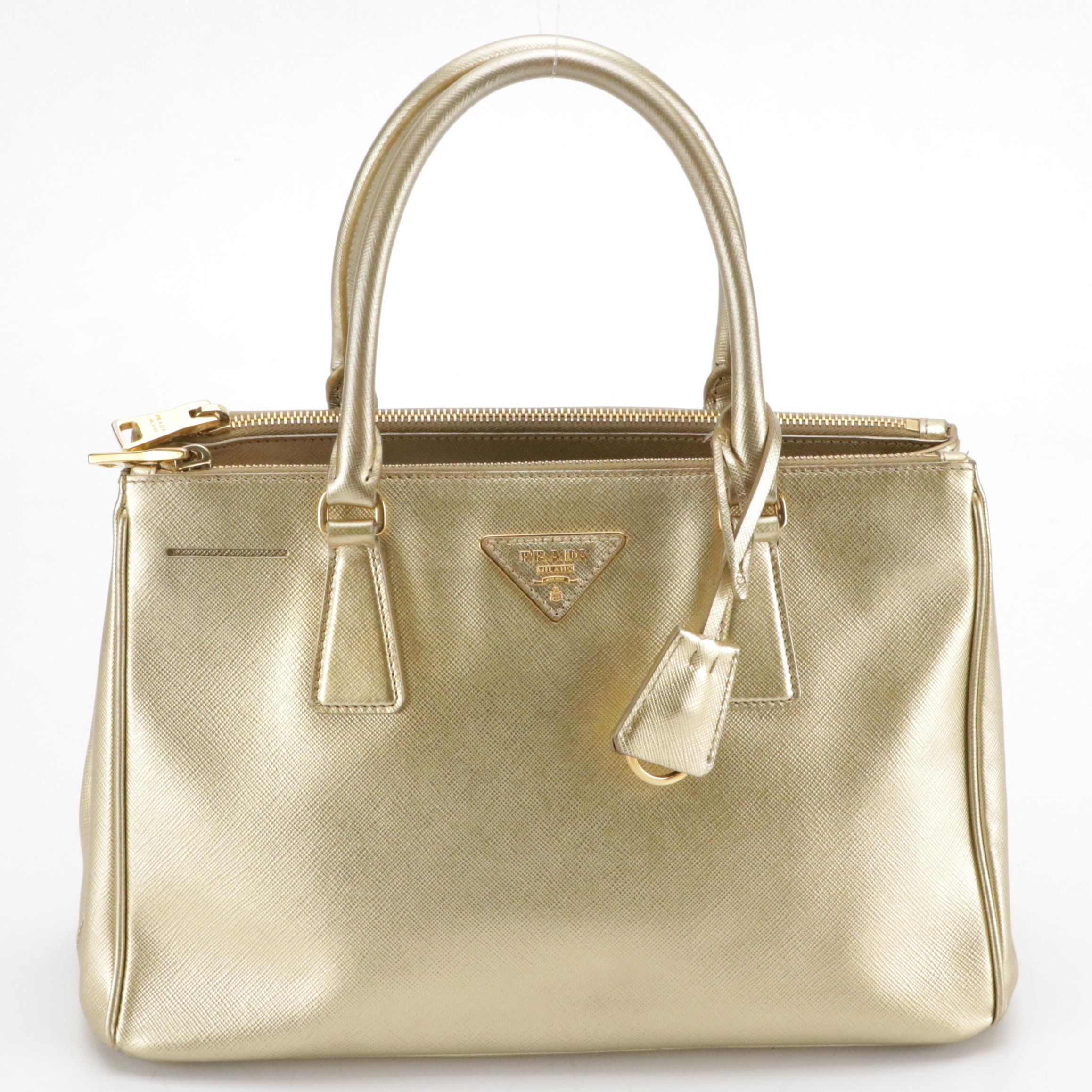 Prada Metallic Gold Saffiano Leather Small Double Zip Galleria Two-Way Tote