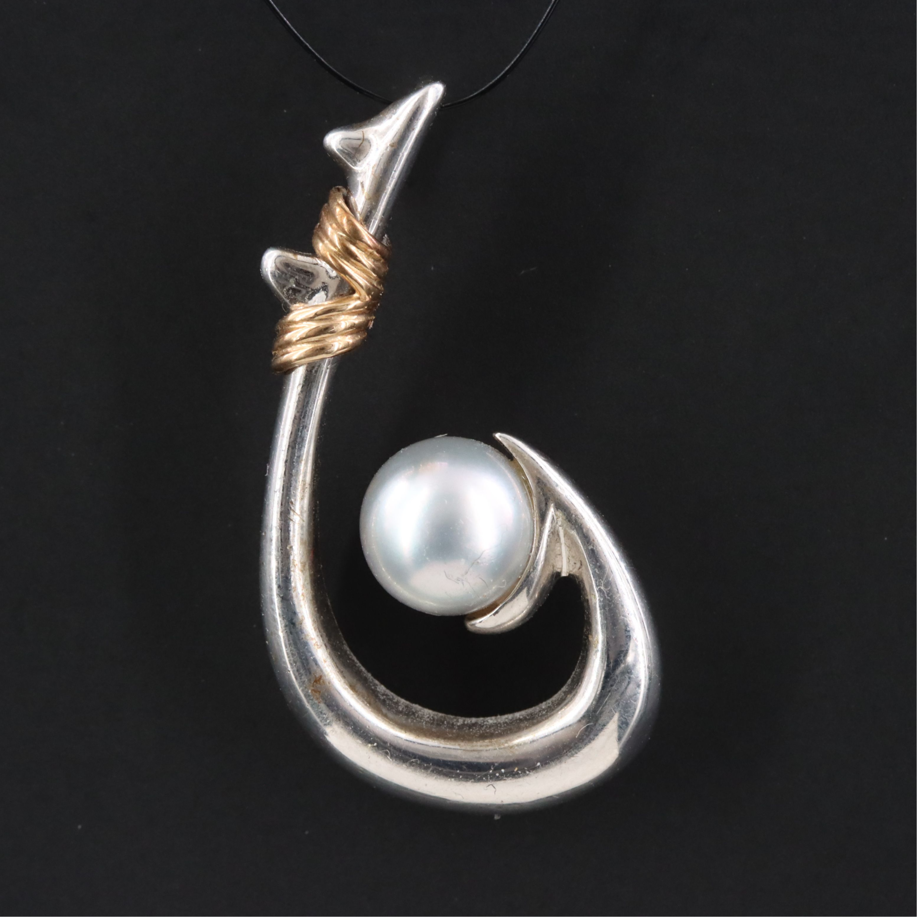 Sterling Pearl Fish Hook Pendant with 14K Accent