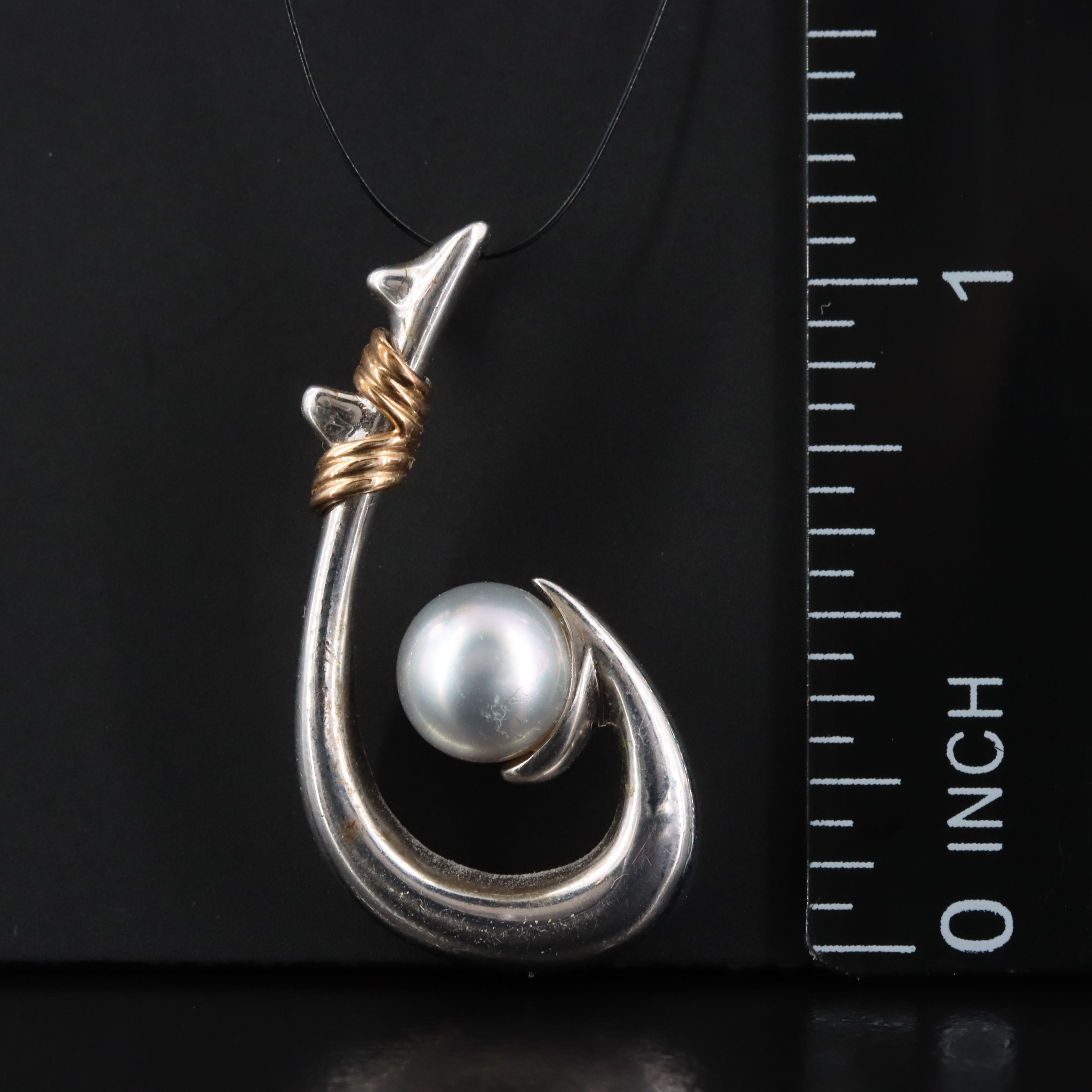 Sterling Pearl Fish Hook Pendant with 14K Accent