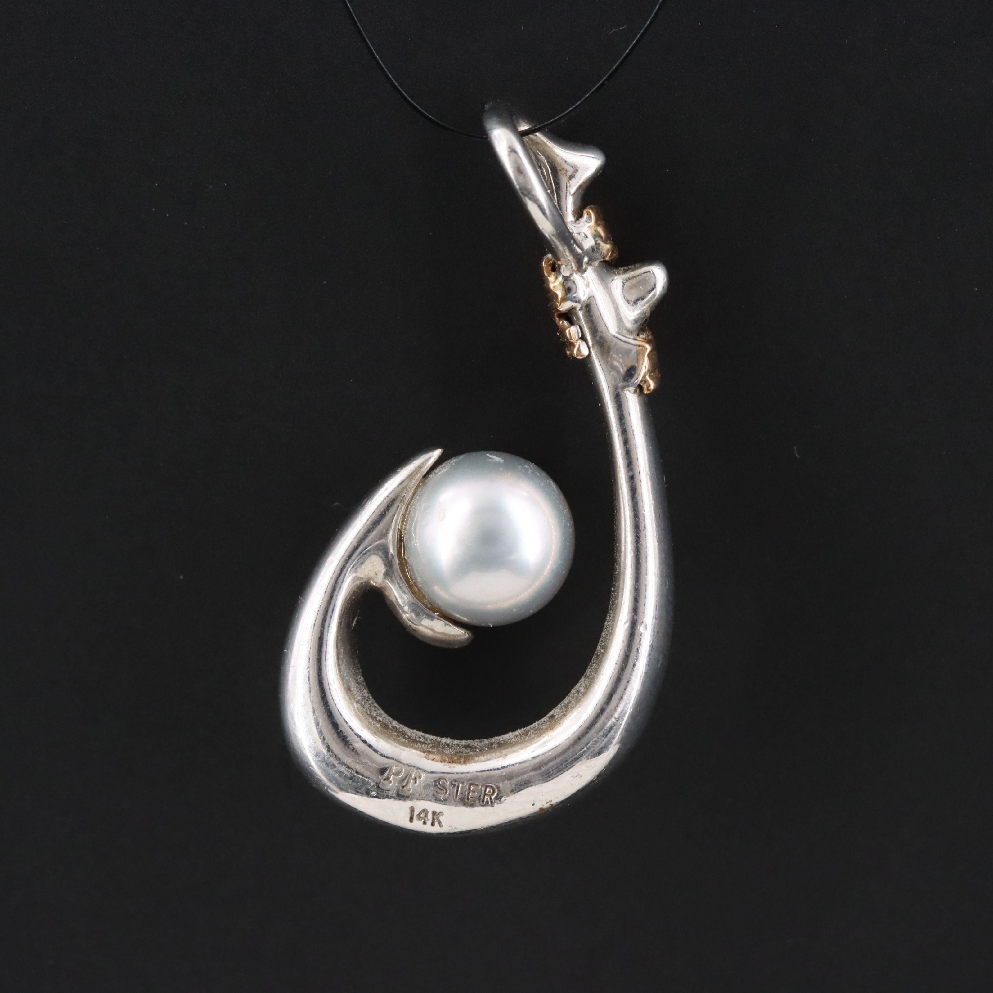 Sterling Pearl Fish Hook Pendant with 14K Accent