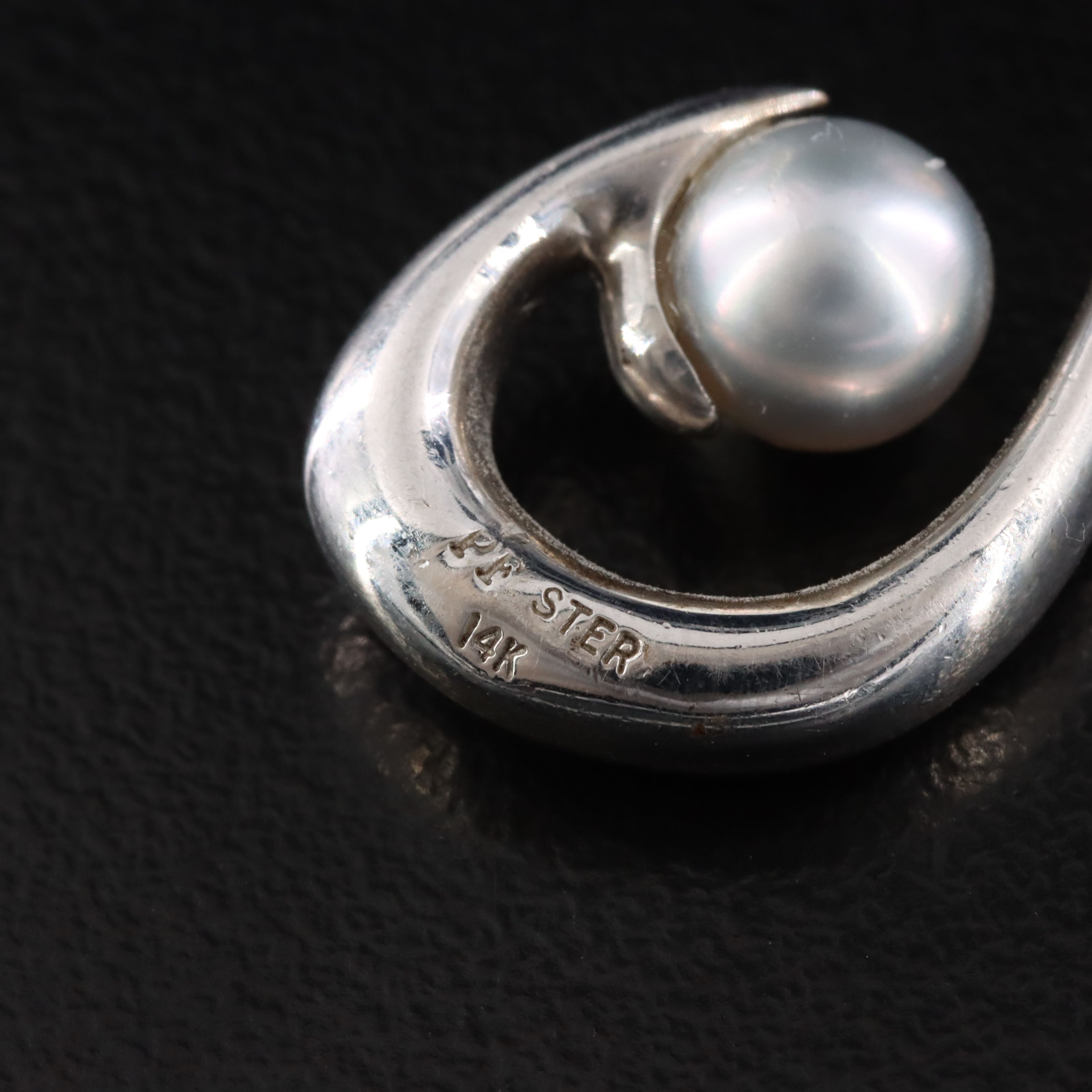 Sterling Pearl Fish Hook Pendant with 14K Accent