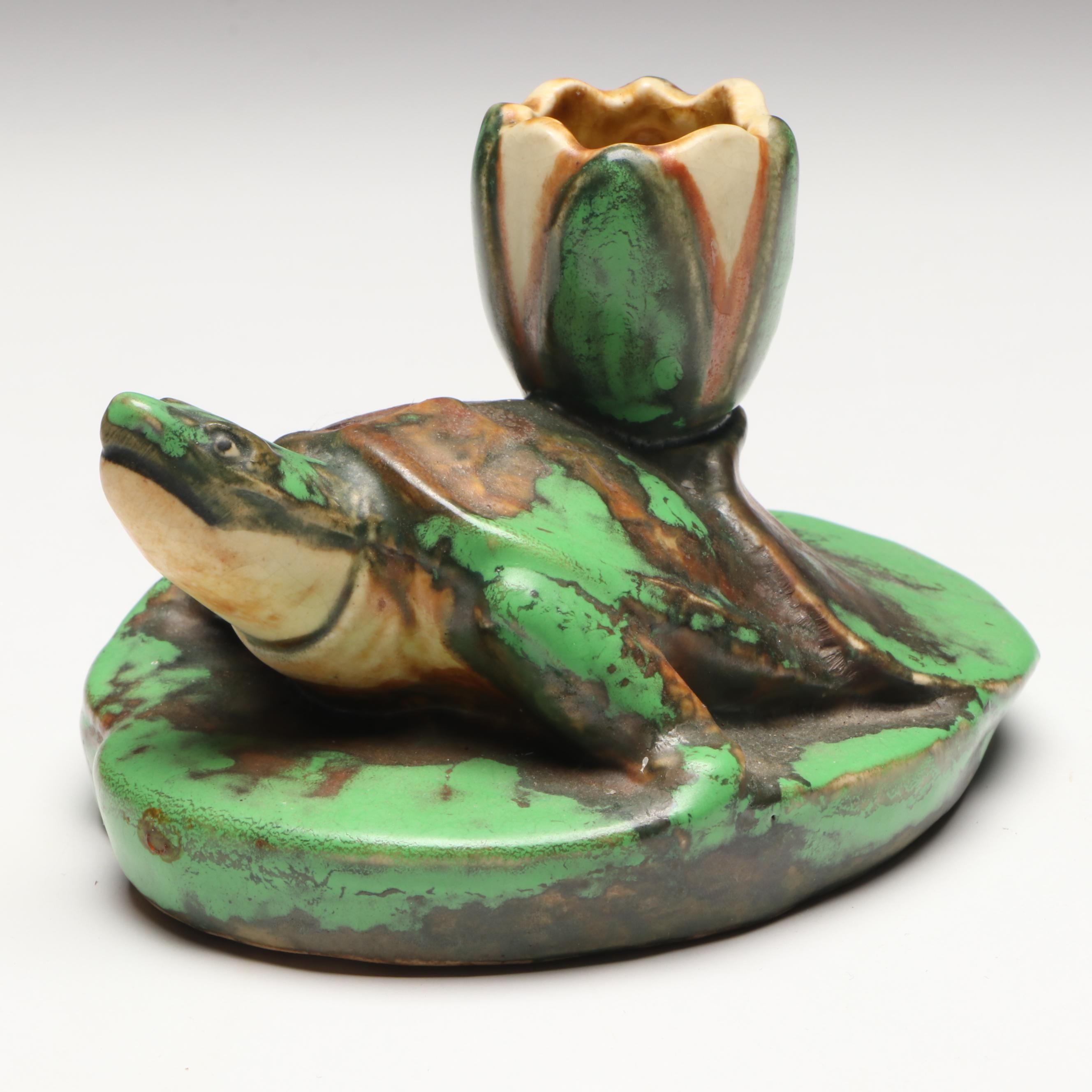 Weller Pottery Coppertone Turtle on Lily Pad Candlestick