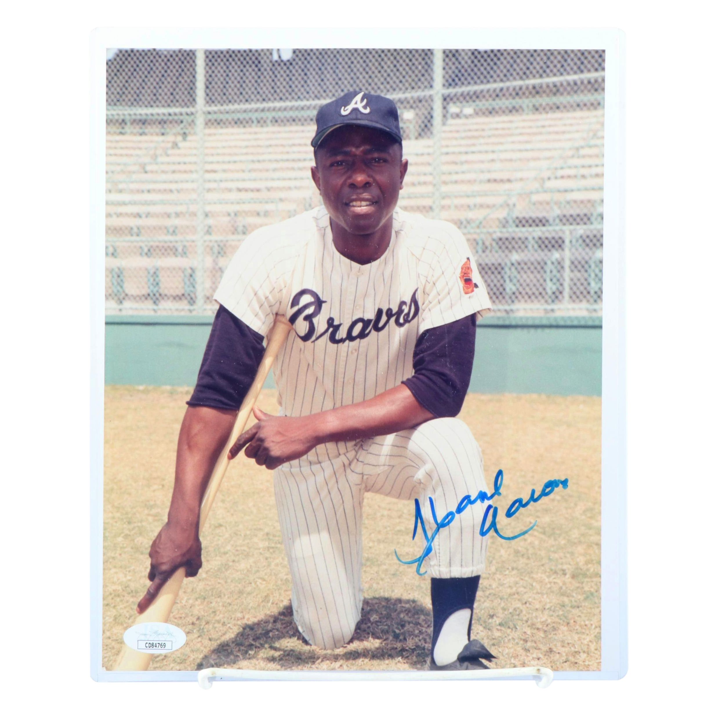 Hank Aaron Signed Atlanta Braves Baseball Print, JSA