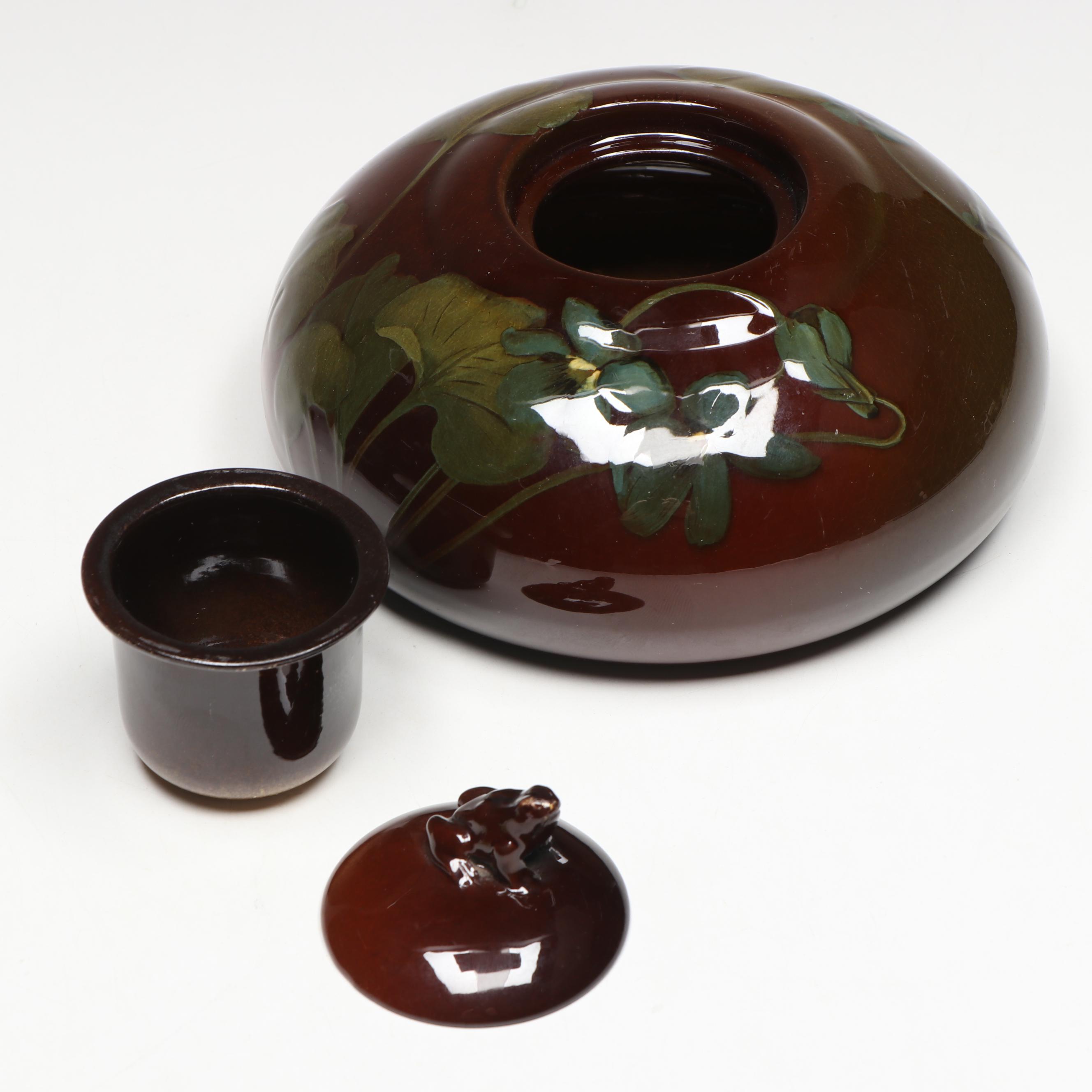 Rookwood Pottery Standard Glaze Inkwell & Frog Finial, 1899